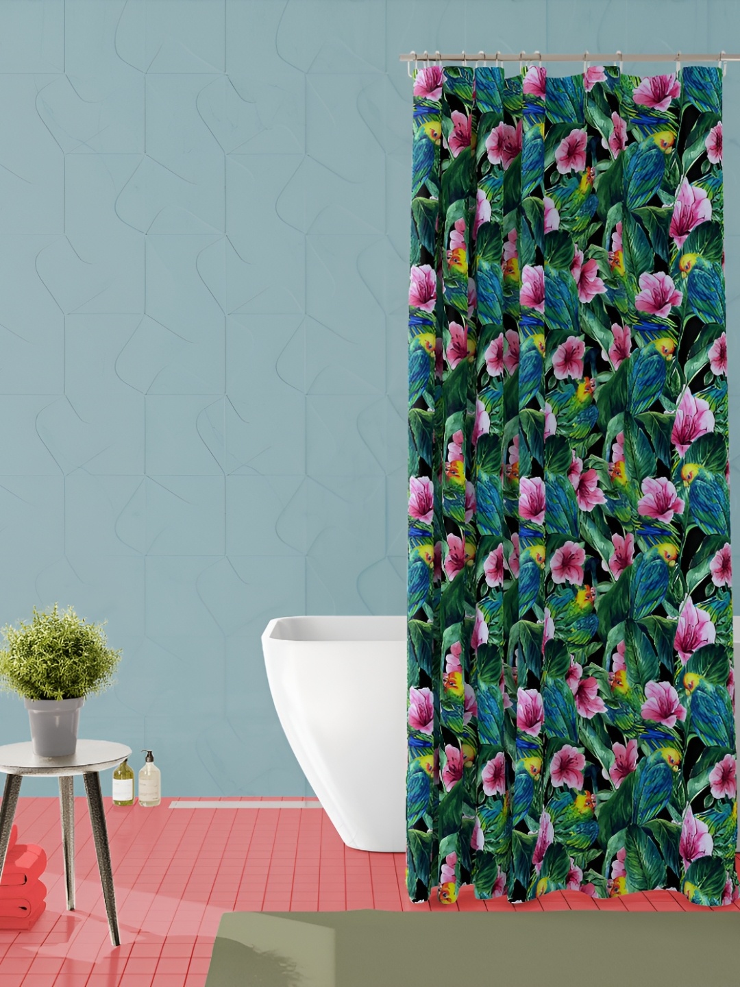 

ArtzFolio Green & Pink Floral Printed Waterproof Shower Curtain