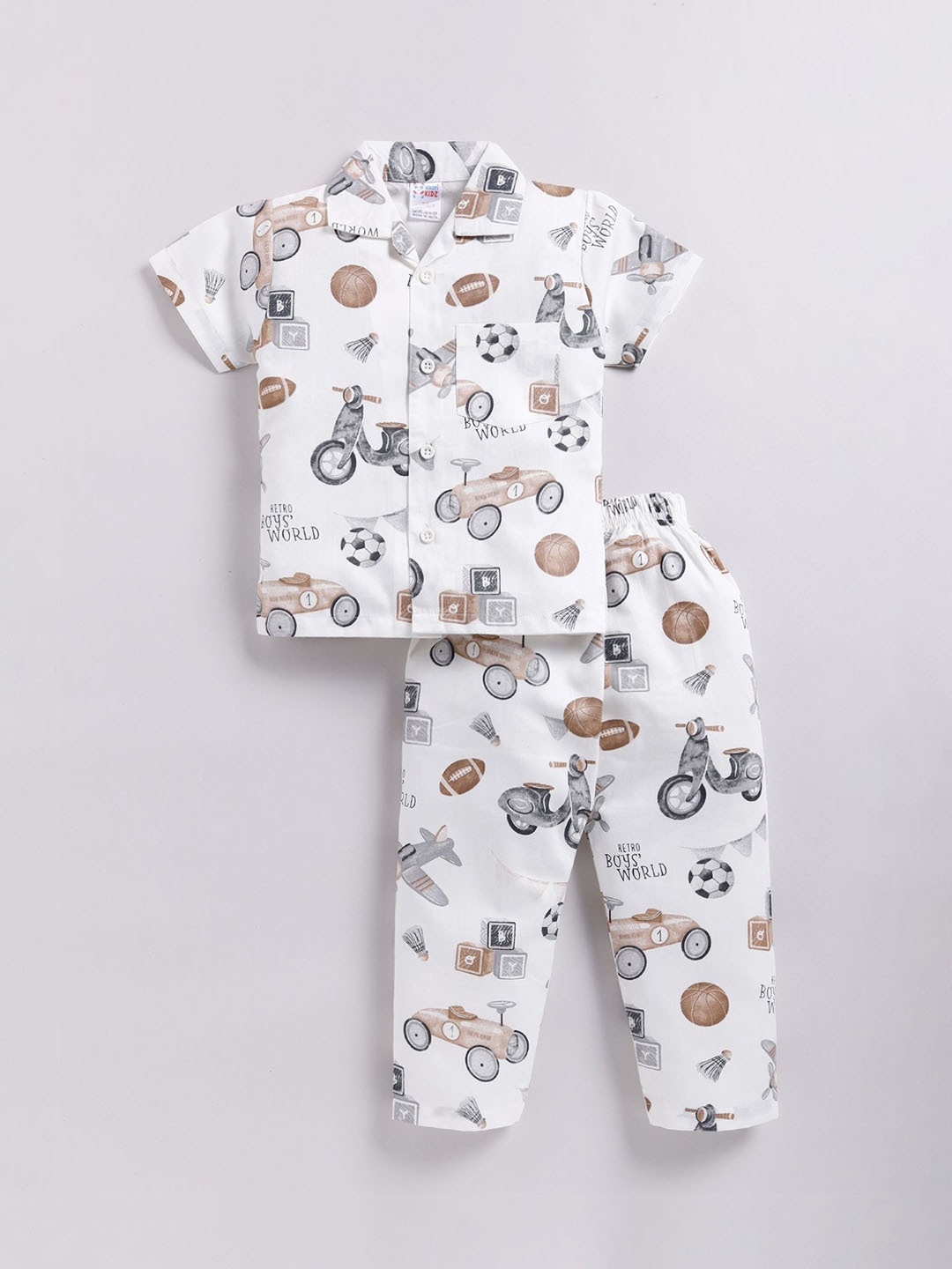 

NAUTI KIDZ Boys Printed Pure Cotton Shirt Collar Night suit, White