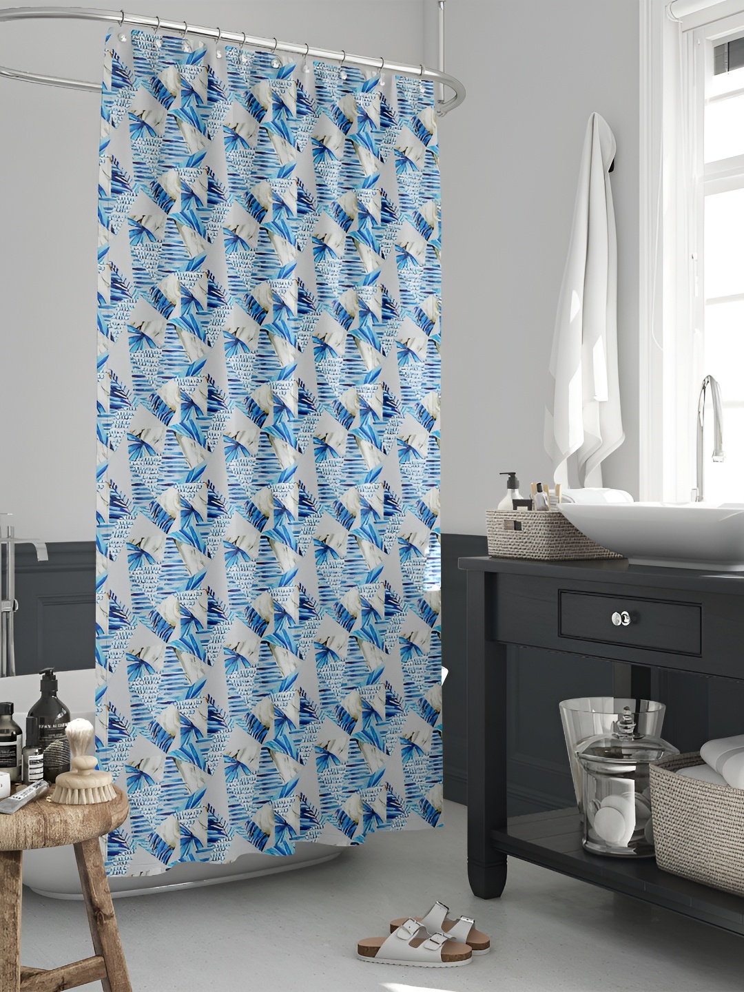 

ArtzFolio Blue & White Tropical Printed Waterproof Shower Curtain