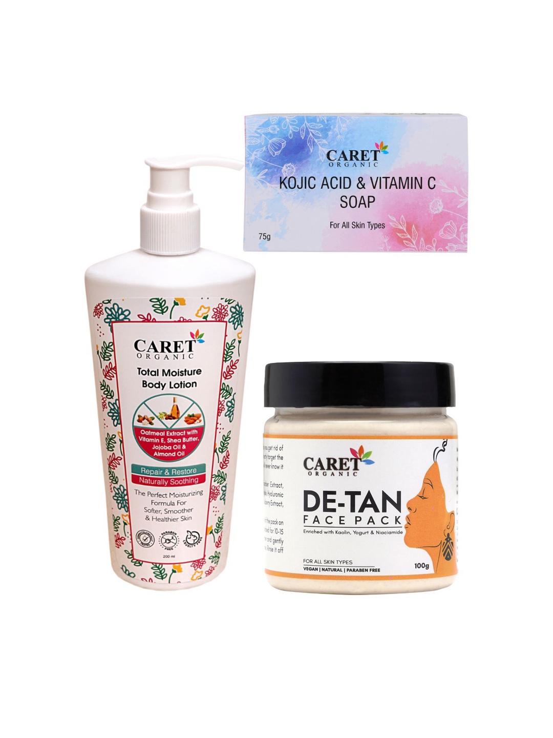 

CARET ORGANIC Set Of 3 Body Lotion With De-Tan Face Pack & Vitamin C Soap, White