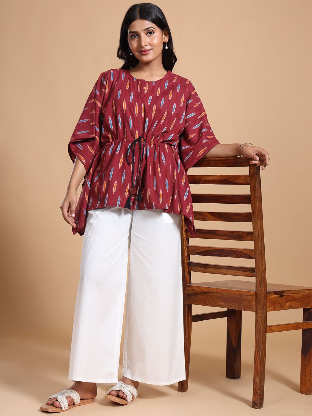

THE WEAVE TRAVELLER Women Self Design Batwing Sleeve Cotton Kaftan Top, Maroon