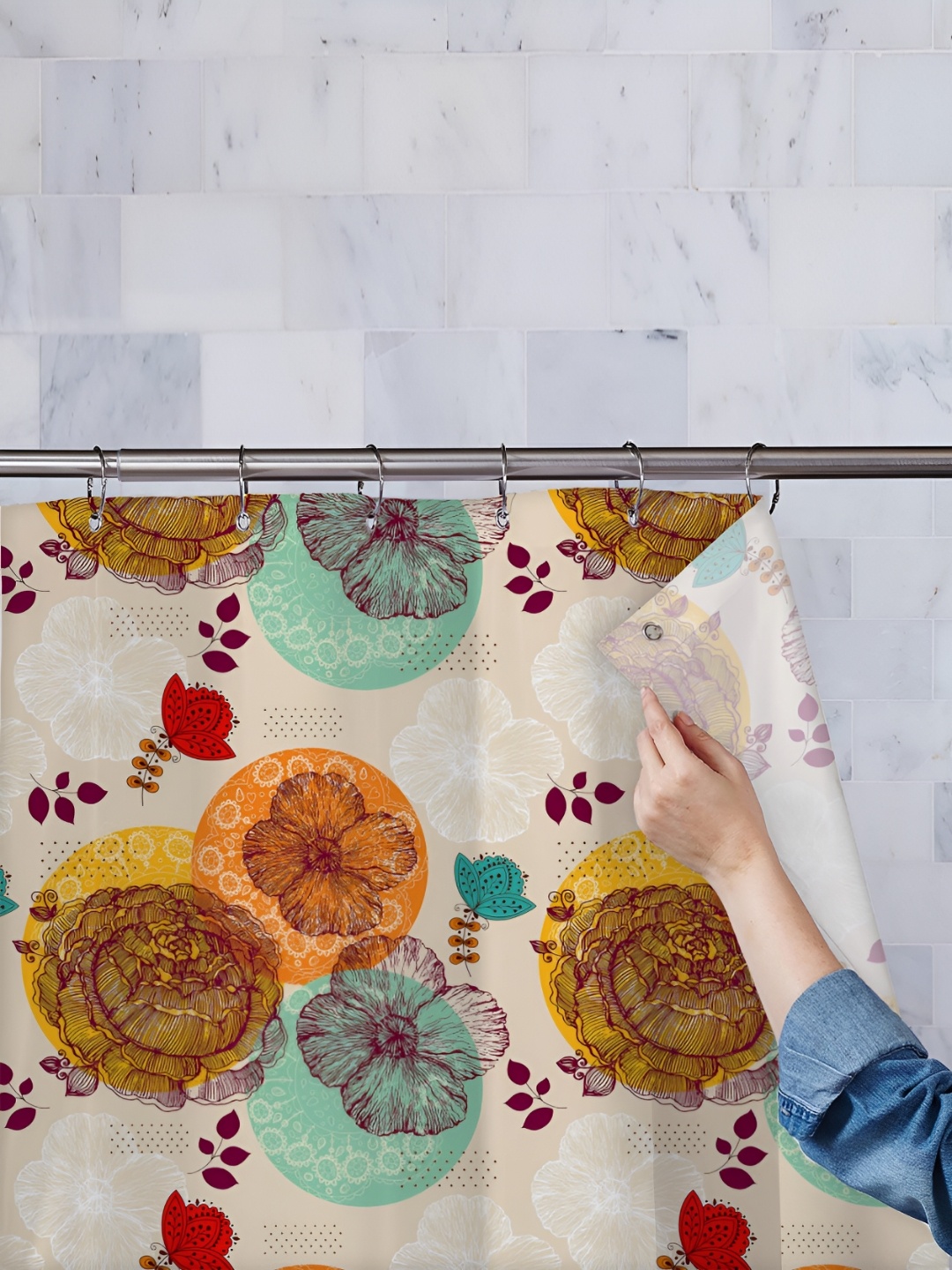

ArtzFolio Cream & Orange Printed Waterproof Shower Curtains