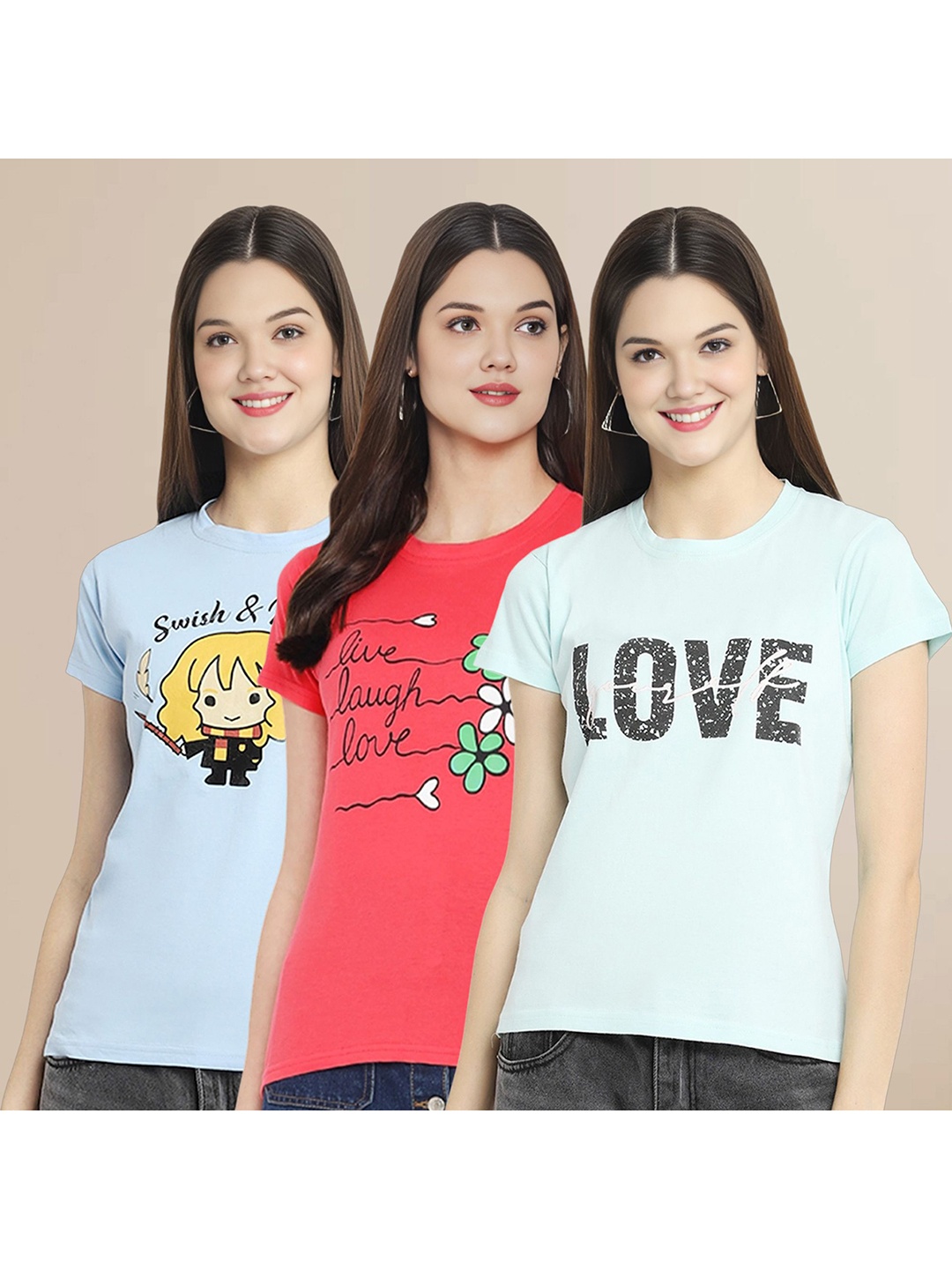 

Metronaut Women Pack Of 3 Typography Printed Round Neck Cotton T-shirts, Blue