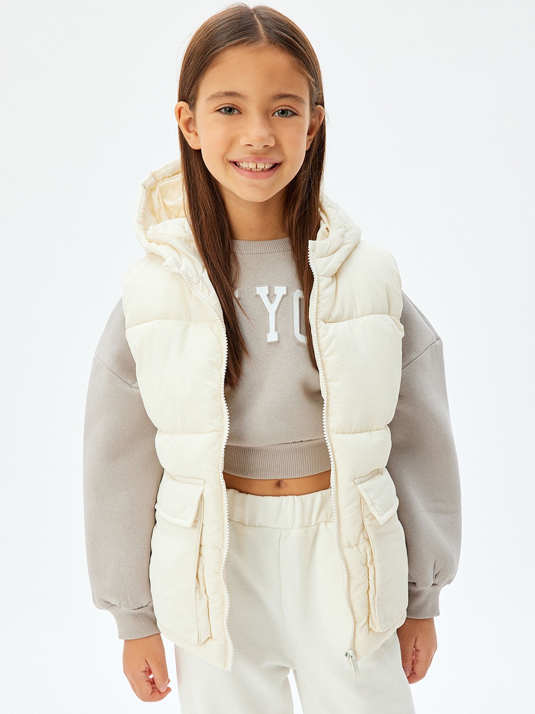

Koton Girls Sleeveless Hooded Puffer Jacket, Beige