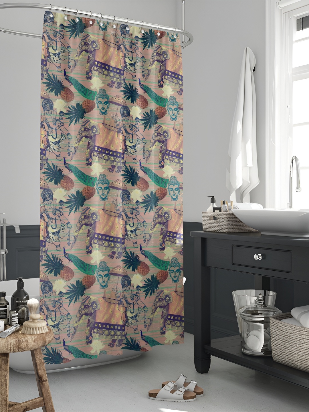 

ArtzFolio Beige & Green Printed Waterproof Shower Curtain