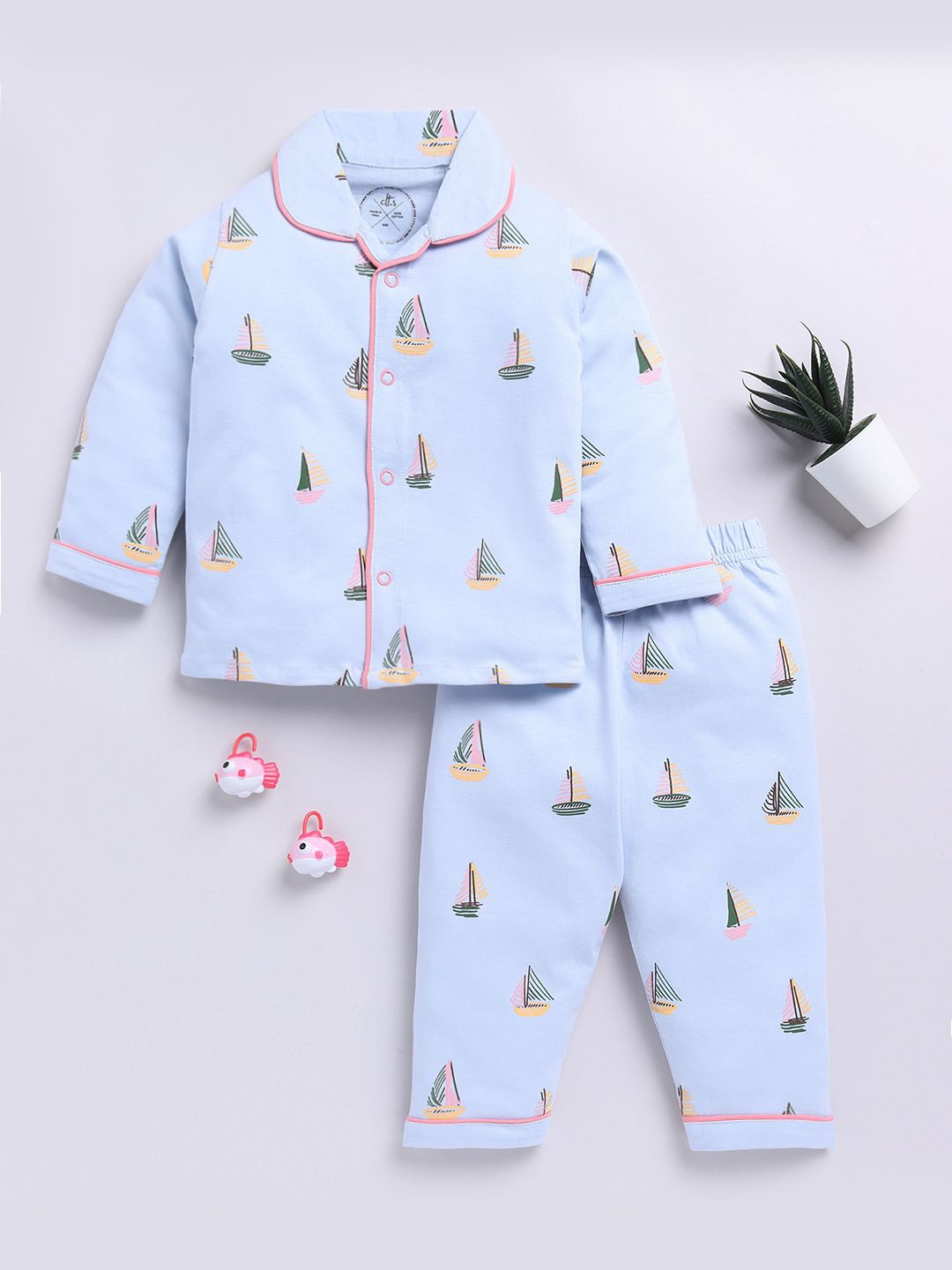 

Clt.s Kids - Unisex Printed Pure Cotton Shirt Collar Night suit, Blue