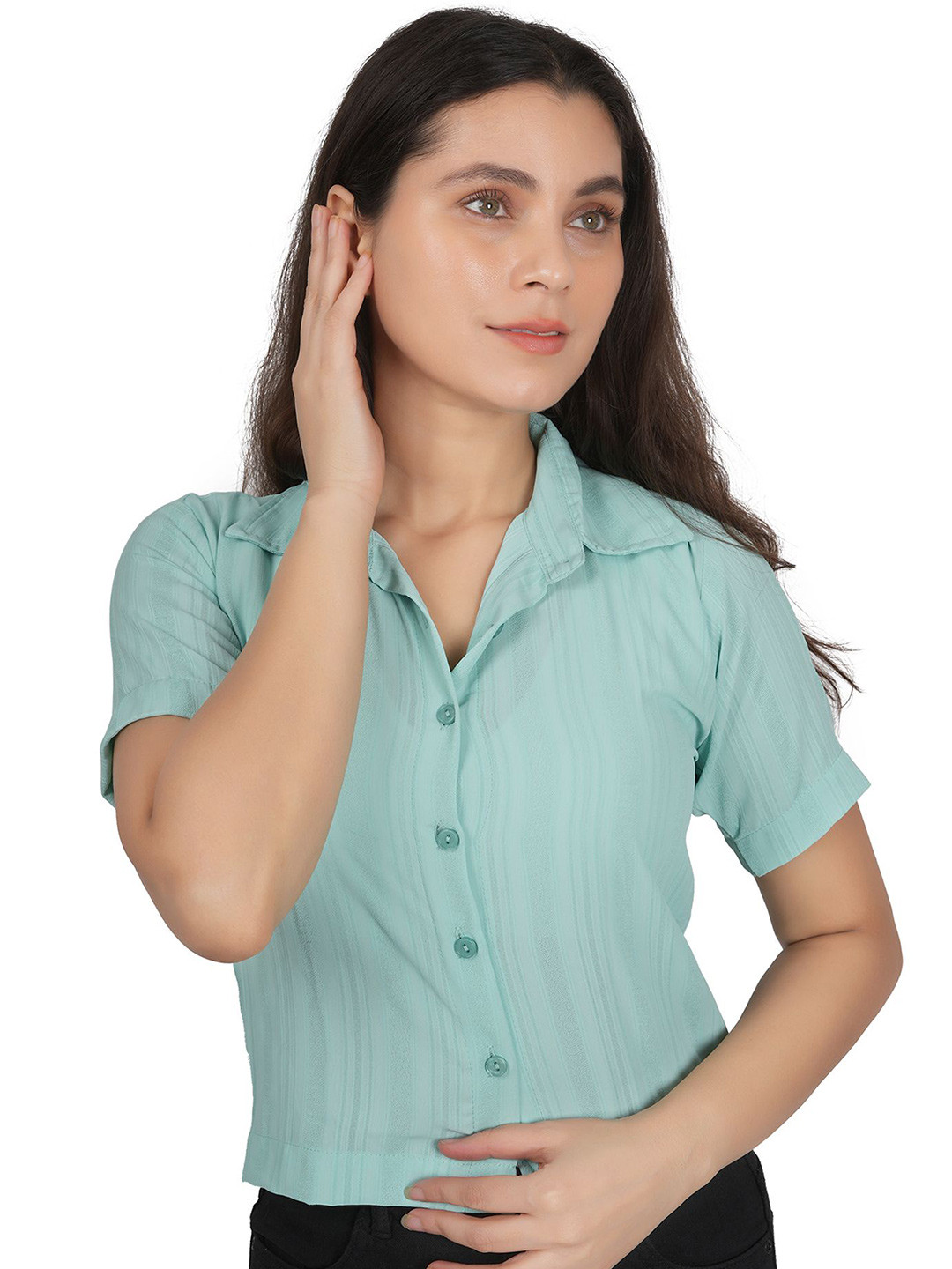 

SNIFFY Girls Spread Collar Vertical Striped Casual Shirt, Sea green