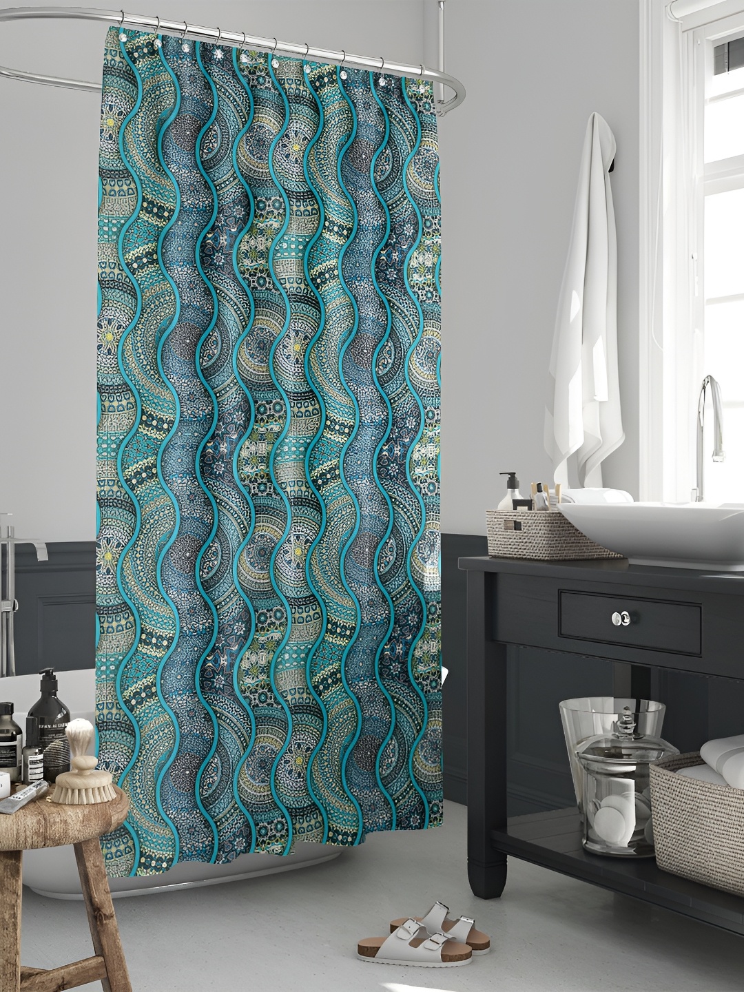 

ArtzFolio Blue & Black Printed Waterproof Shower Curtain