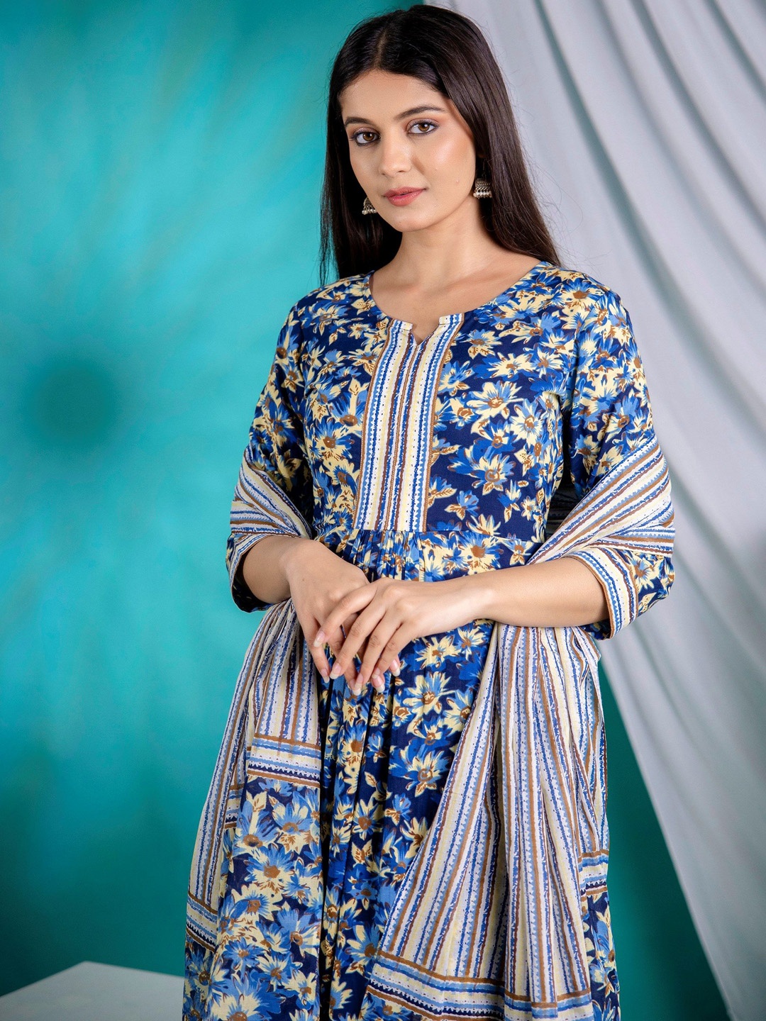 

Anouk Floral Printed Pleated Pure Cotton Straight Kurta with Trousers & Dupatta, Blue