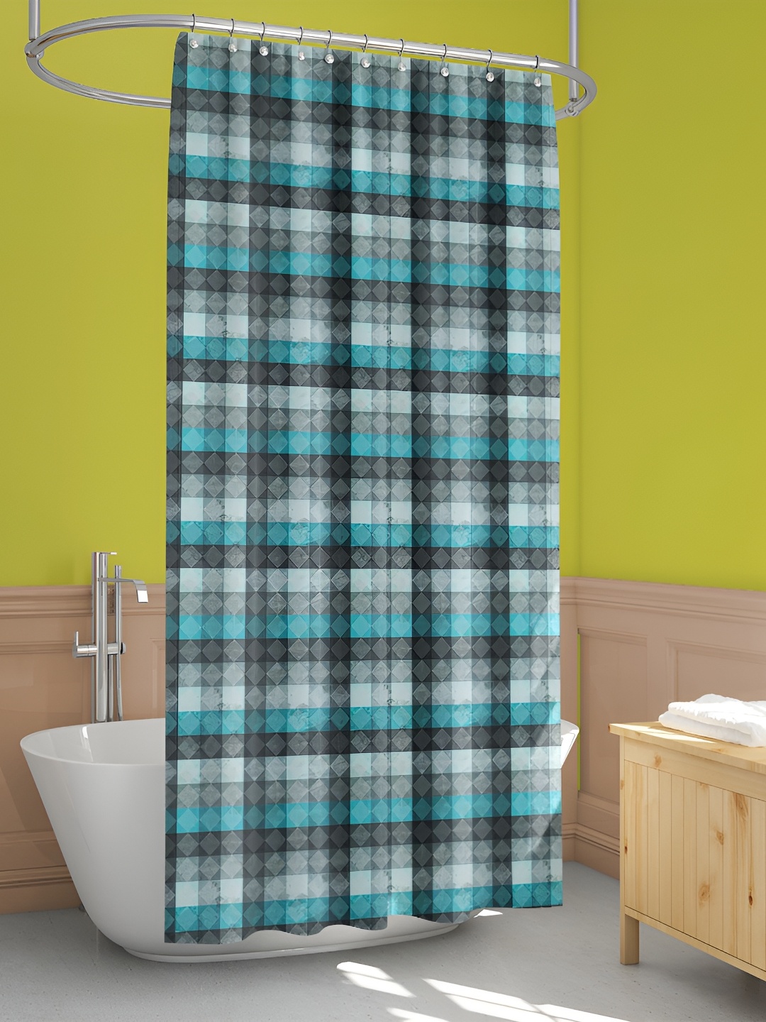 

ArtzFolio White & Blue Checked Waterproof Shower Curtain