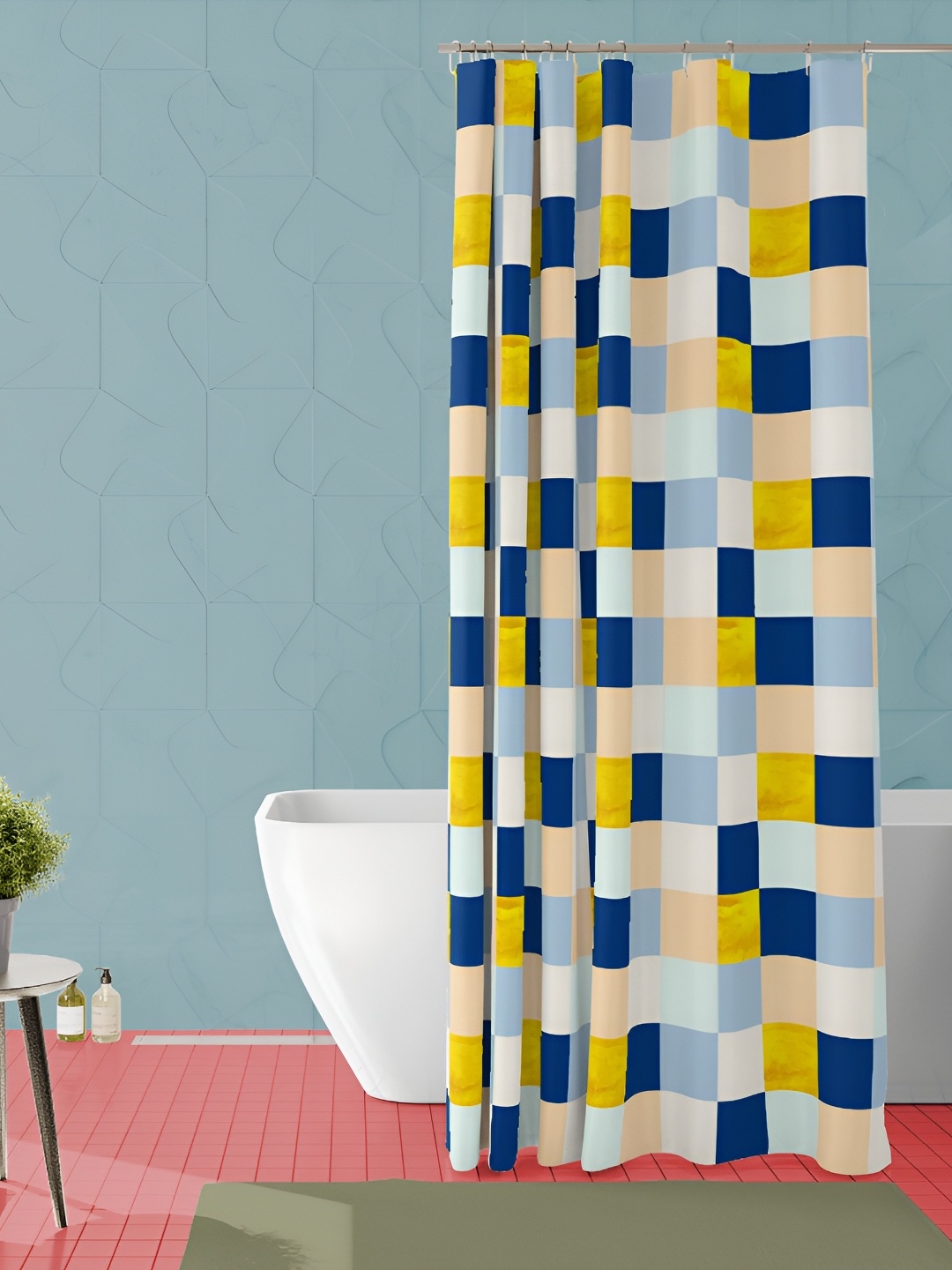 

ArtzFolio Blue & Yellow Checked Printed Waterproof Shower Curtain