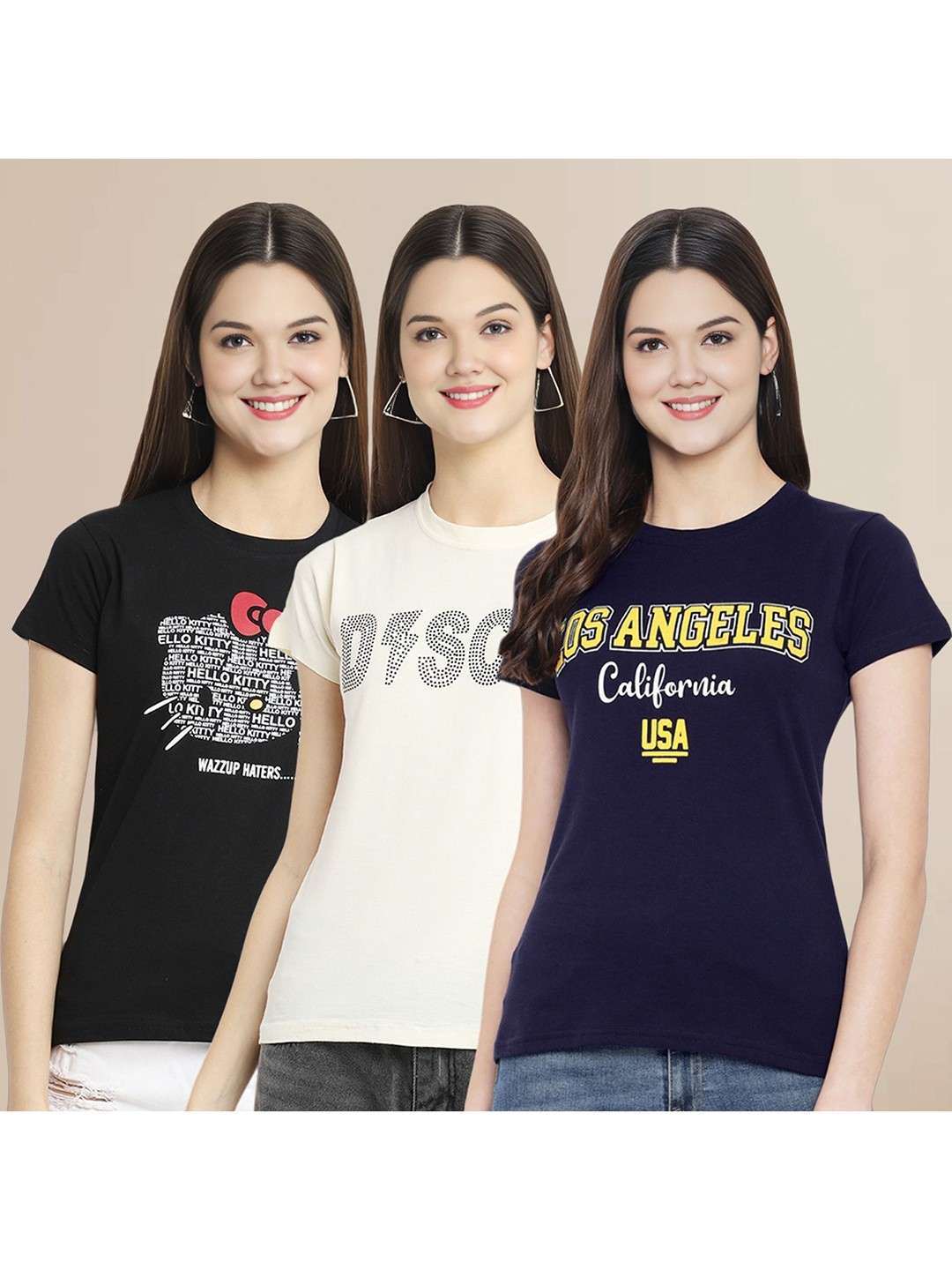 

Metronaut Women Pack Of 3 Typography Printed Round Neck Cotton T-shirts, Black