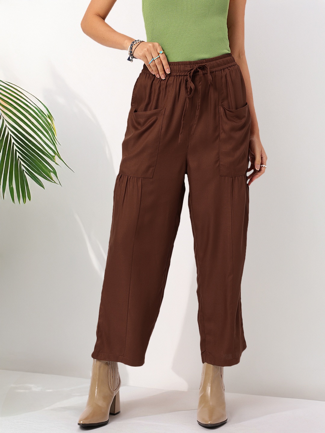

DressBerry Women Stylish Statement Relaxed Fit Trousers with Box Pockets, Brown