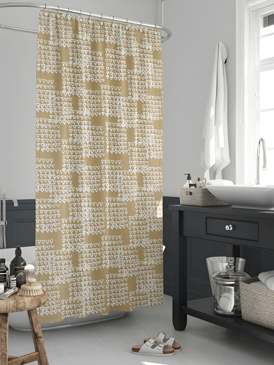 

ArtzFolio Beige & White Printed Waterproof Shower Curtain