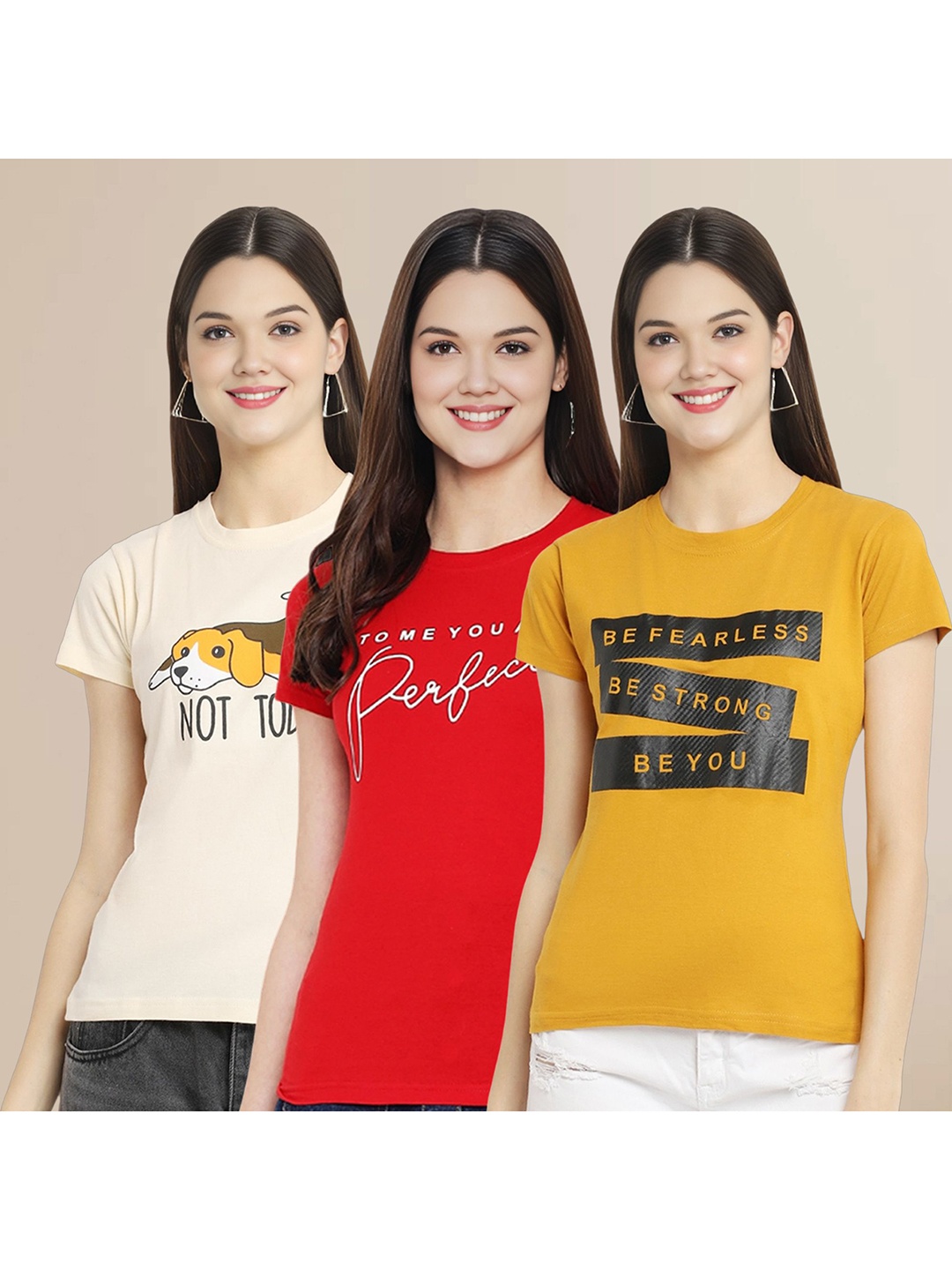 

Metronaut Women Pack Of 3 Typography Printed Round Neck Cotton T-shirts, Cream