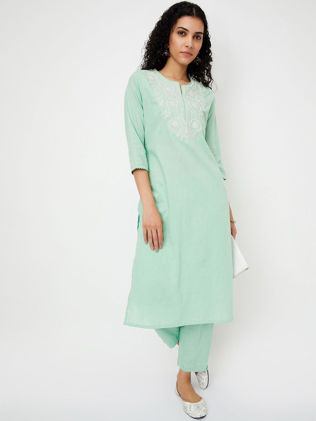 

max Floral Yoke Design Sequinned Straight Kurta with Trouser, Green