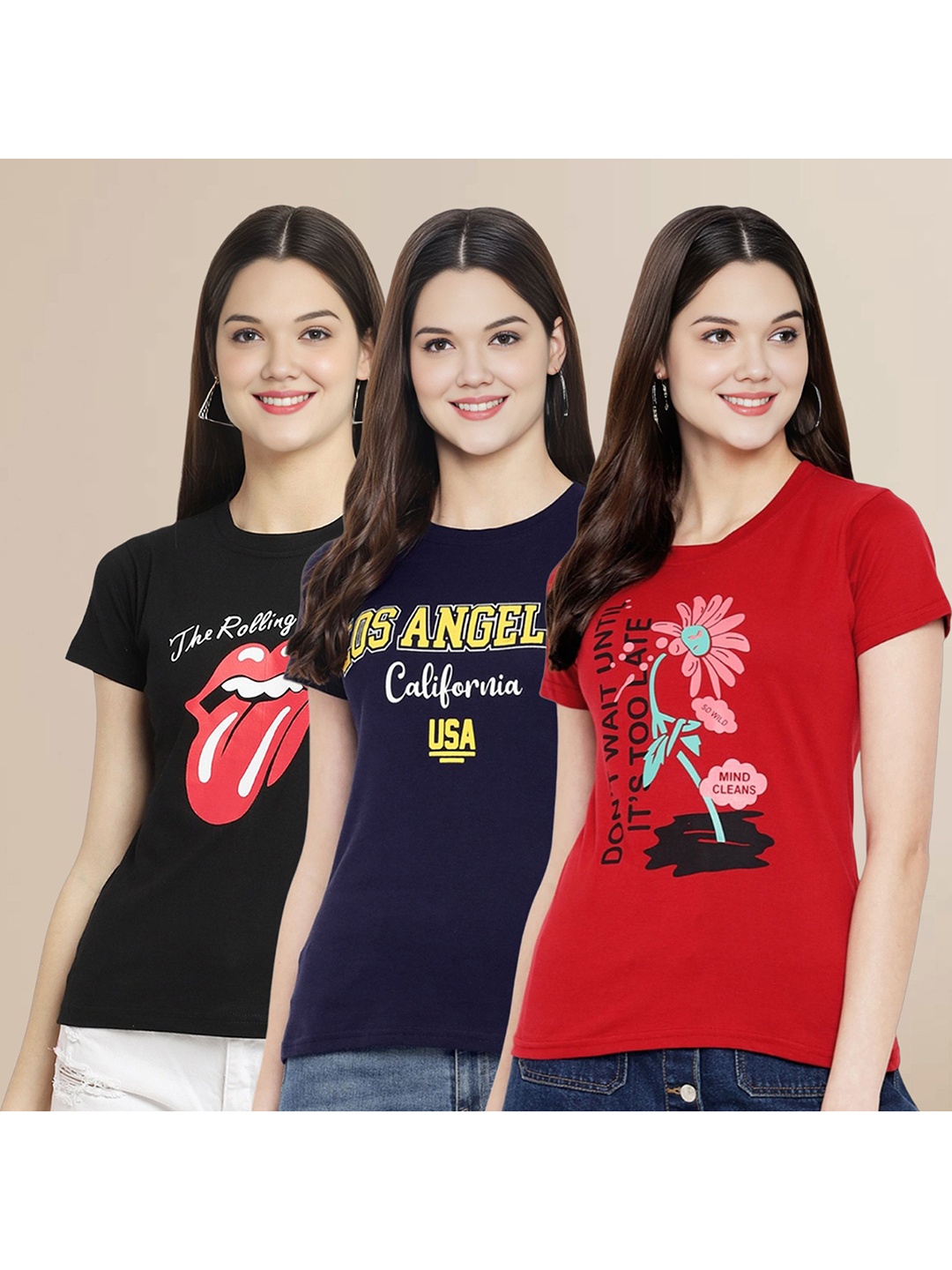 

Metronaut Women Pack Of 3 Typography Printed Round Neck Cotton T-shirts, Black