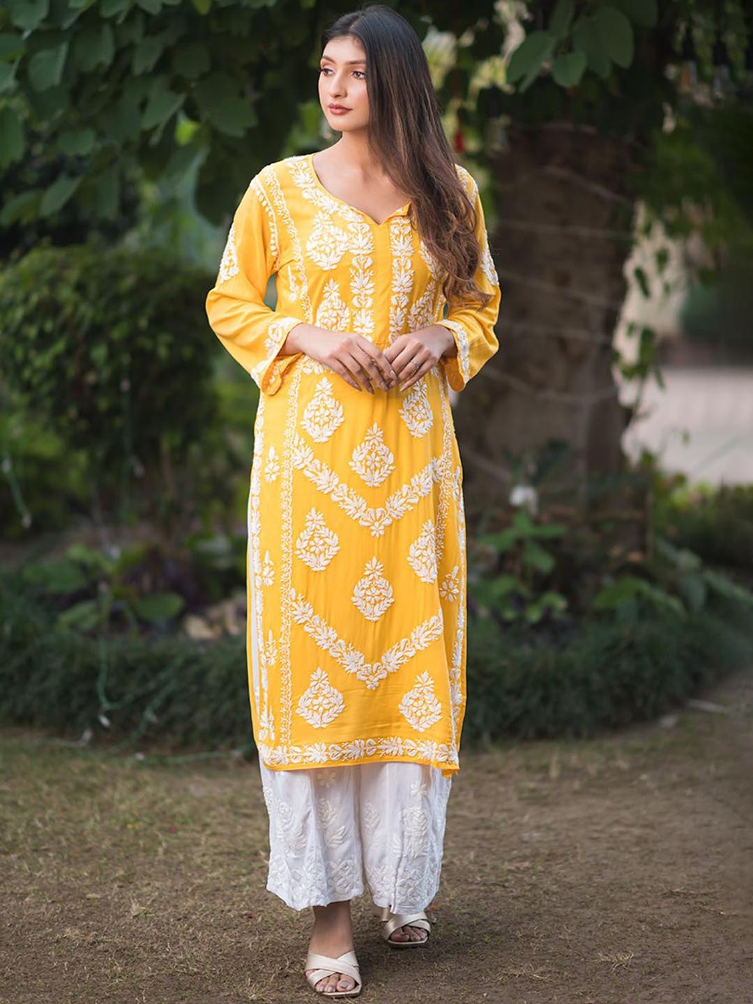 

Rangreza Ethnic Floral Embroidered Chikankari Round Neck Straight Kurta, Yellow