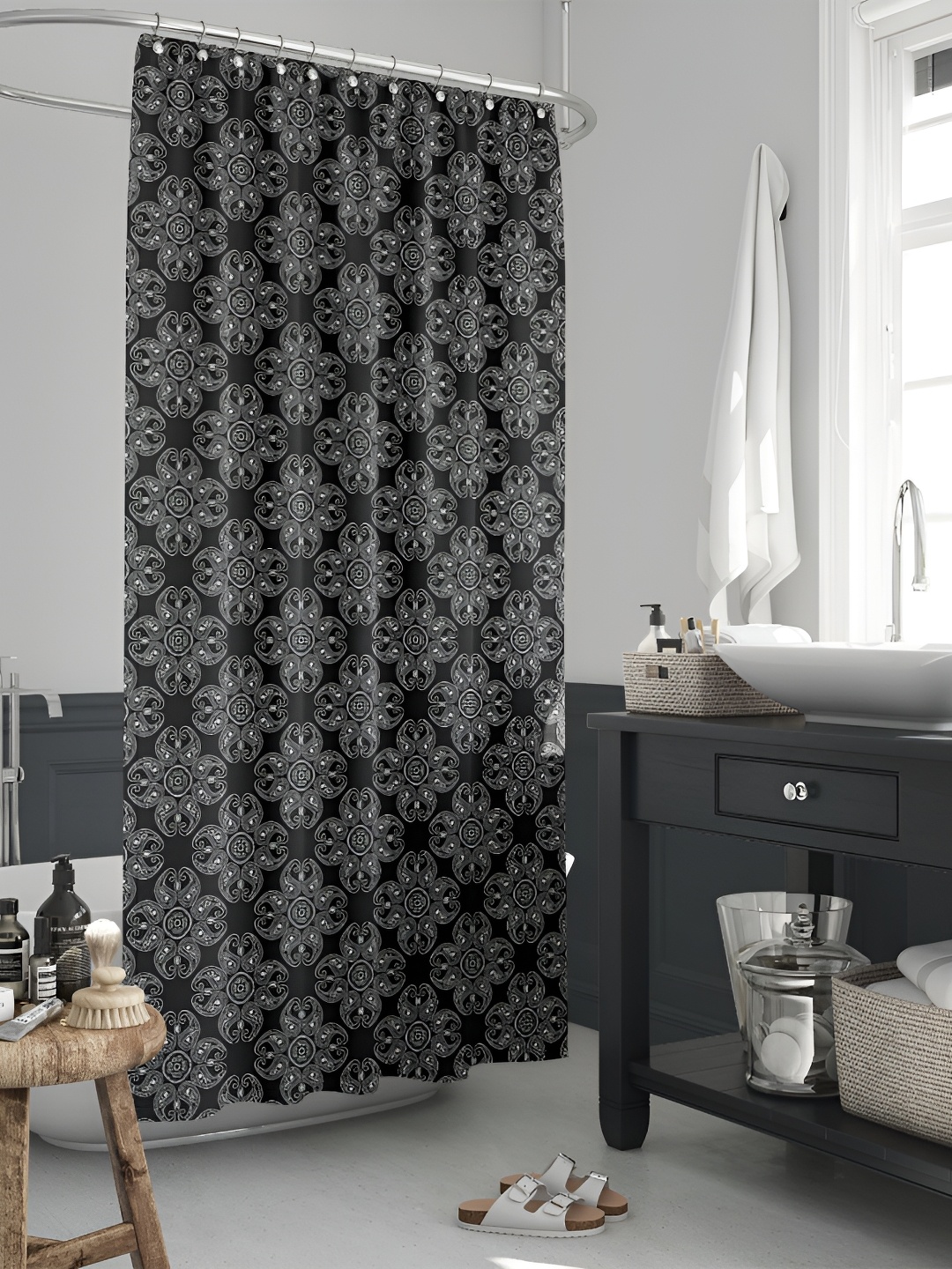 

ArtzFolio Black & Grey Ethnic Motifs Printed Waterproof Shower Curtain