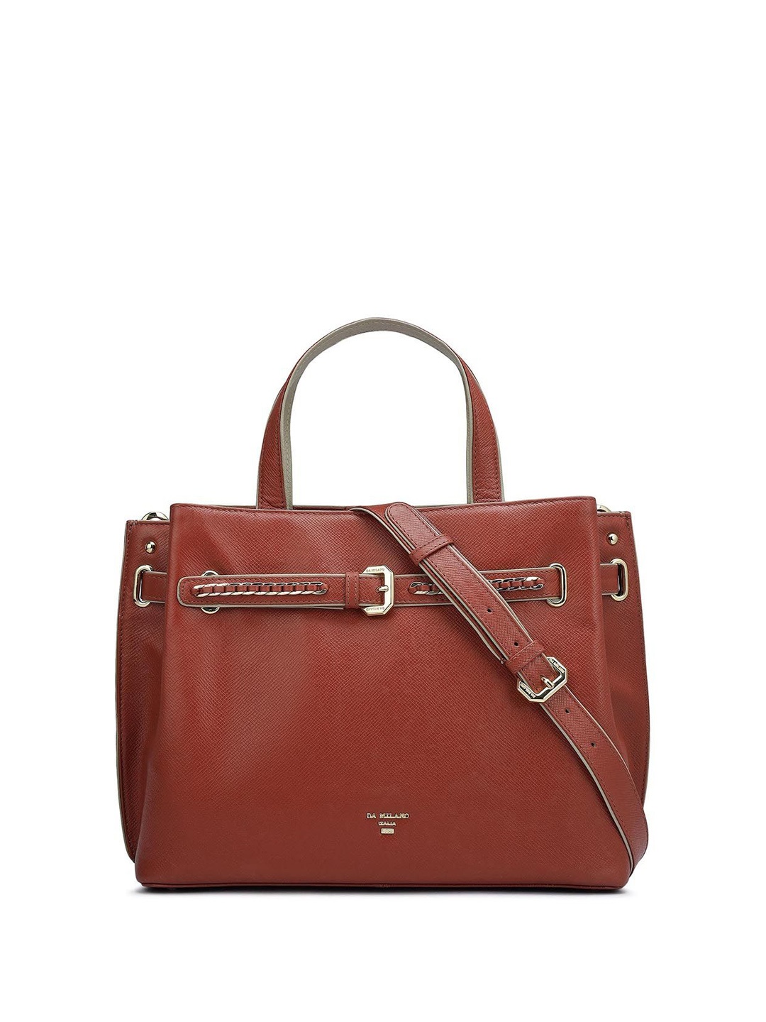 

Da Milano Textured Leather Structured Satchel with Cut Work, Red