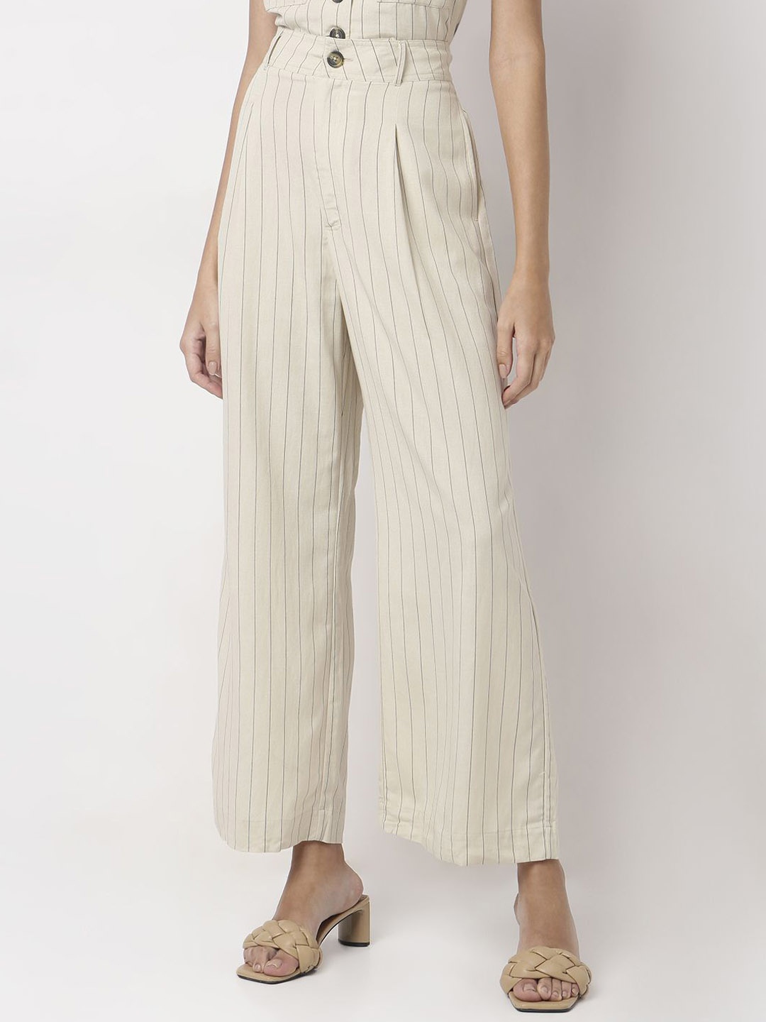 

Vero Moda Women Striped Straight Fit High-Rise Culottes Trousers, Off white