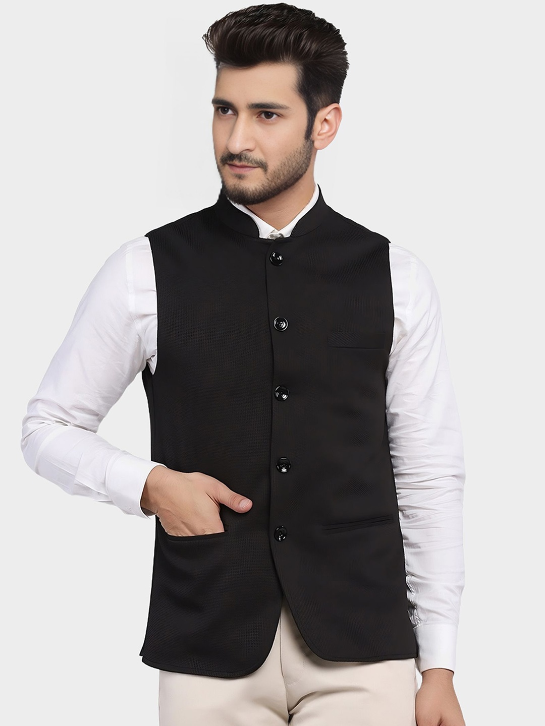 

BAESD Mandarin Collar Satin Nehru Jacket, Black