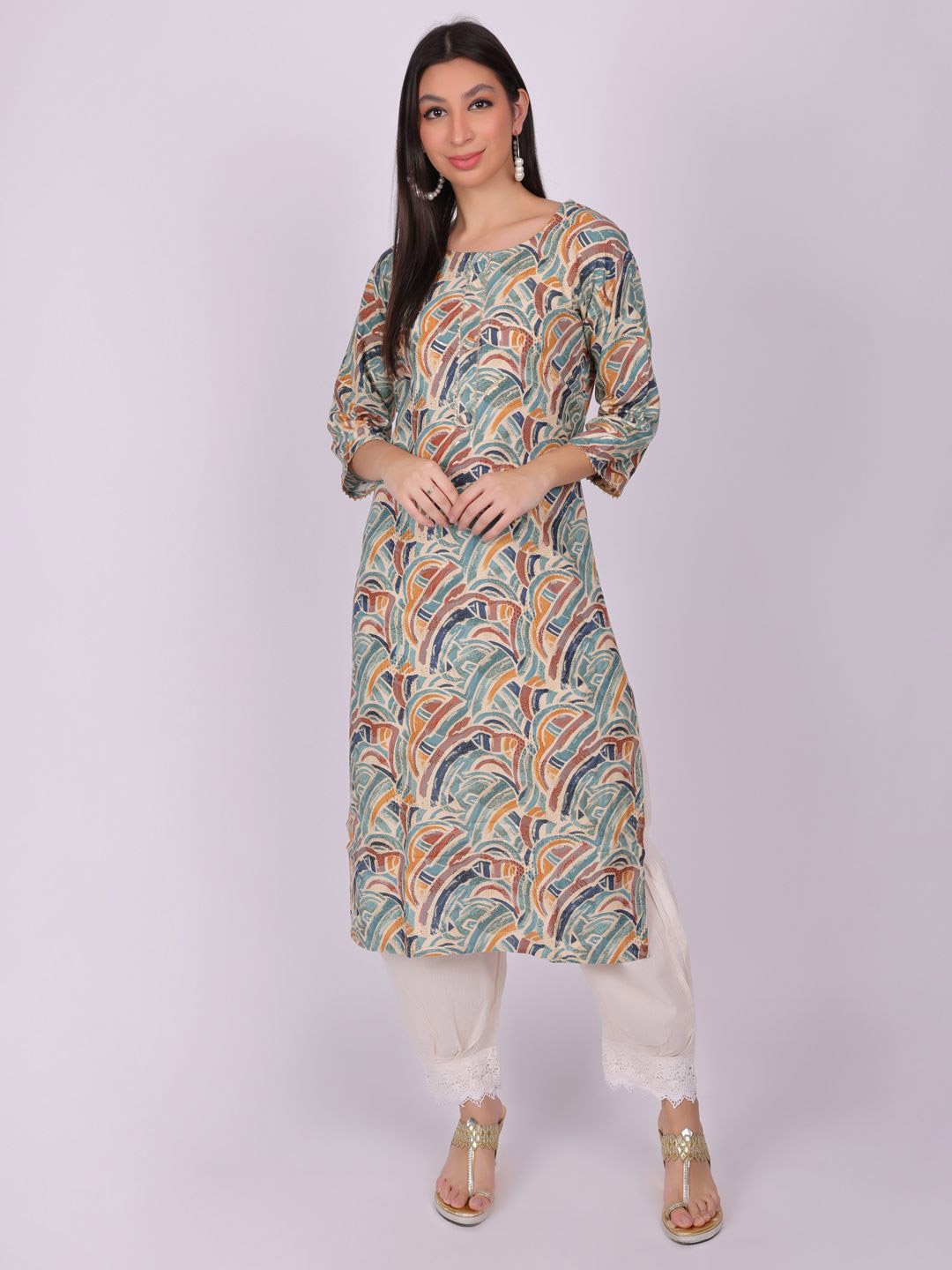 

Navvi Women Printed Pure Cotton Round Neck Regular Sleeves Kurta, Blue