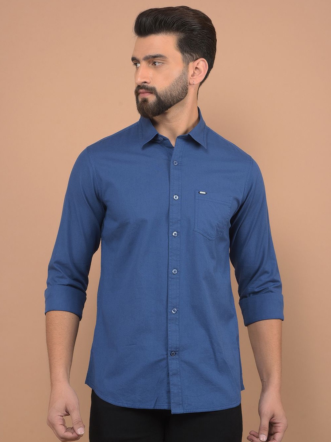 

Canary London Men Smart Spread Collar Solid Cotton Slim Fit Casual Shirt, Blue