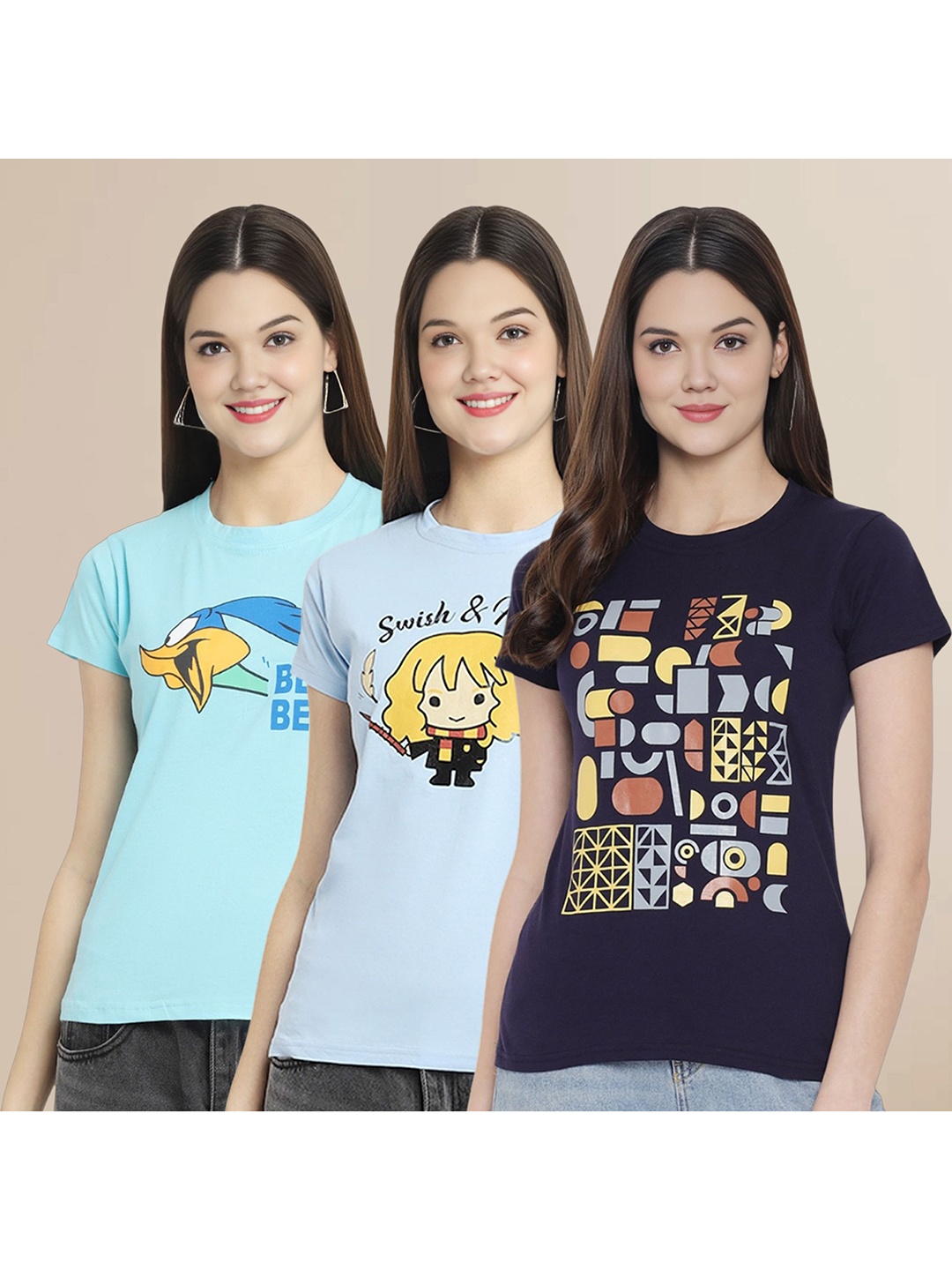 

Metronaut Women Pack Of 3 Graphic Printed Round Neck Cotton Looney Tunes T-shirts, Blue