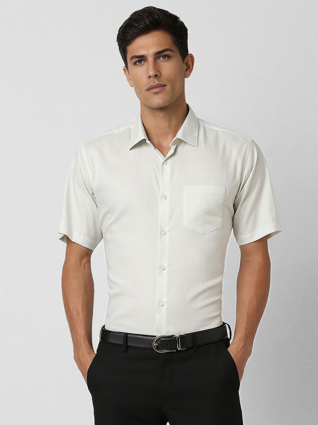 

Van Heusen Men Spread Collar Textured Cotton Slim Fit Formal Shirt, Off white
