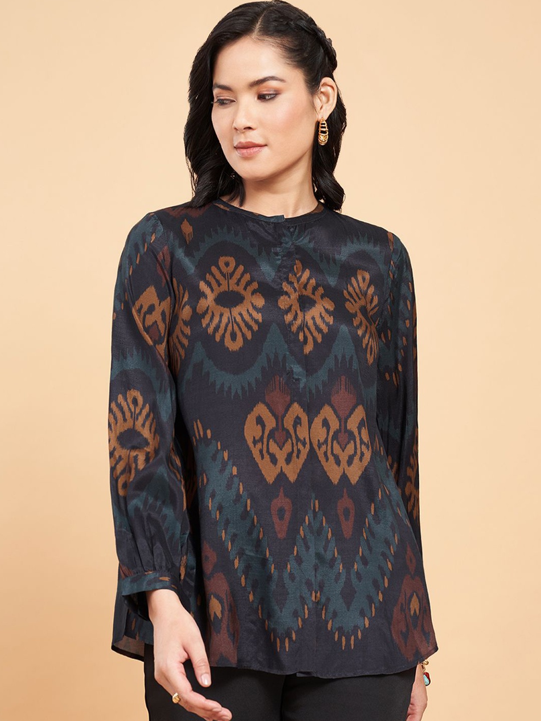 

Marigold Lane Women Ethnic Motifs Printed A-Line Top, Navy blue