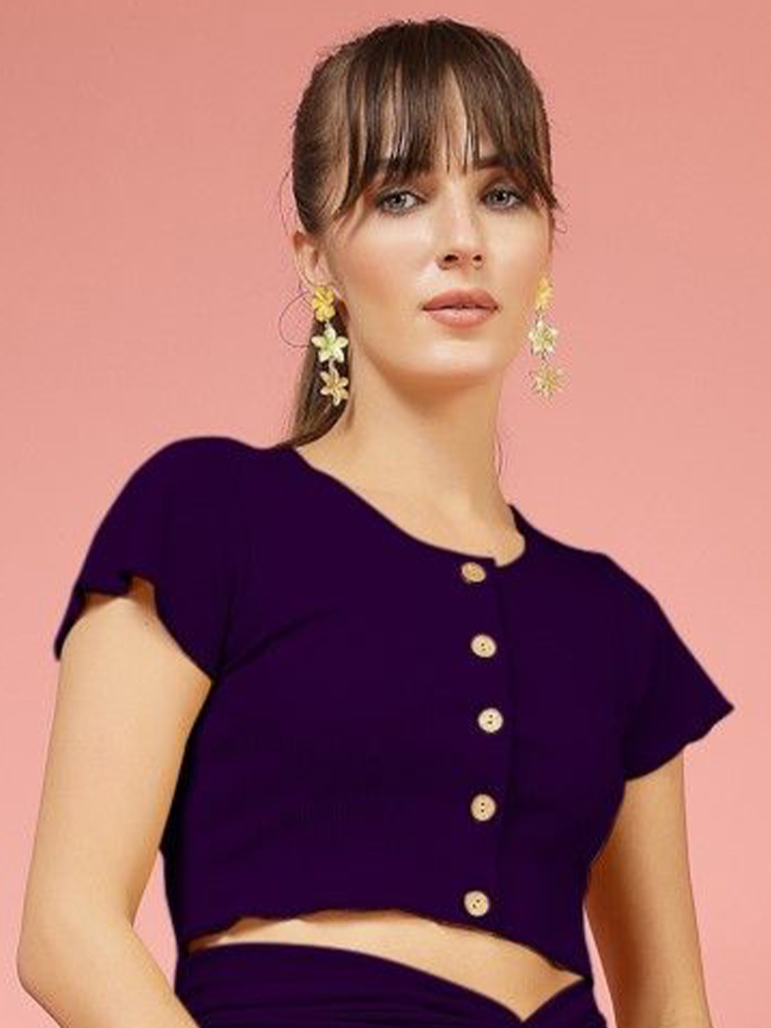 

Oomph! Women Round Neck Short Sleeves Front Open Crop Top, Purple