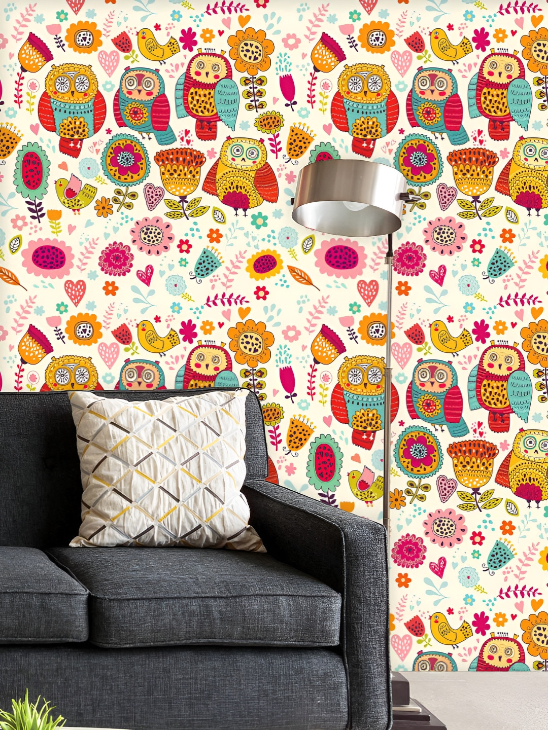 

ArtzFolio Printed UV-Resistant Anti-Bacterial Cheerful Owls And Flowers Peel & Stick Wallpaper, Multi