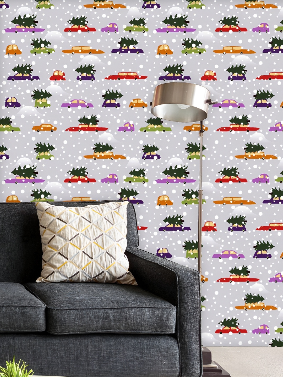 

ArtzFolio Printed UV-Resistant Anti-Bacterial Colorful Cars Delivering Christmas Trees Peel & Stick Wallpaper, Multi