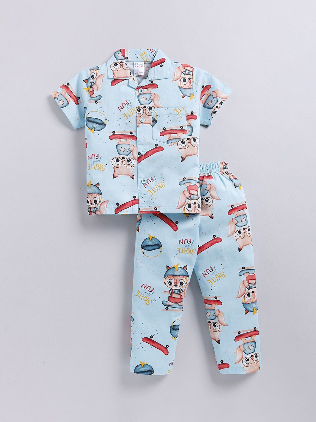 

NAUTI KIDZ Boys Printed Pure Cotton Shirt Collar Night suit, Blue