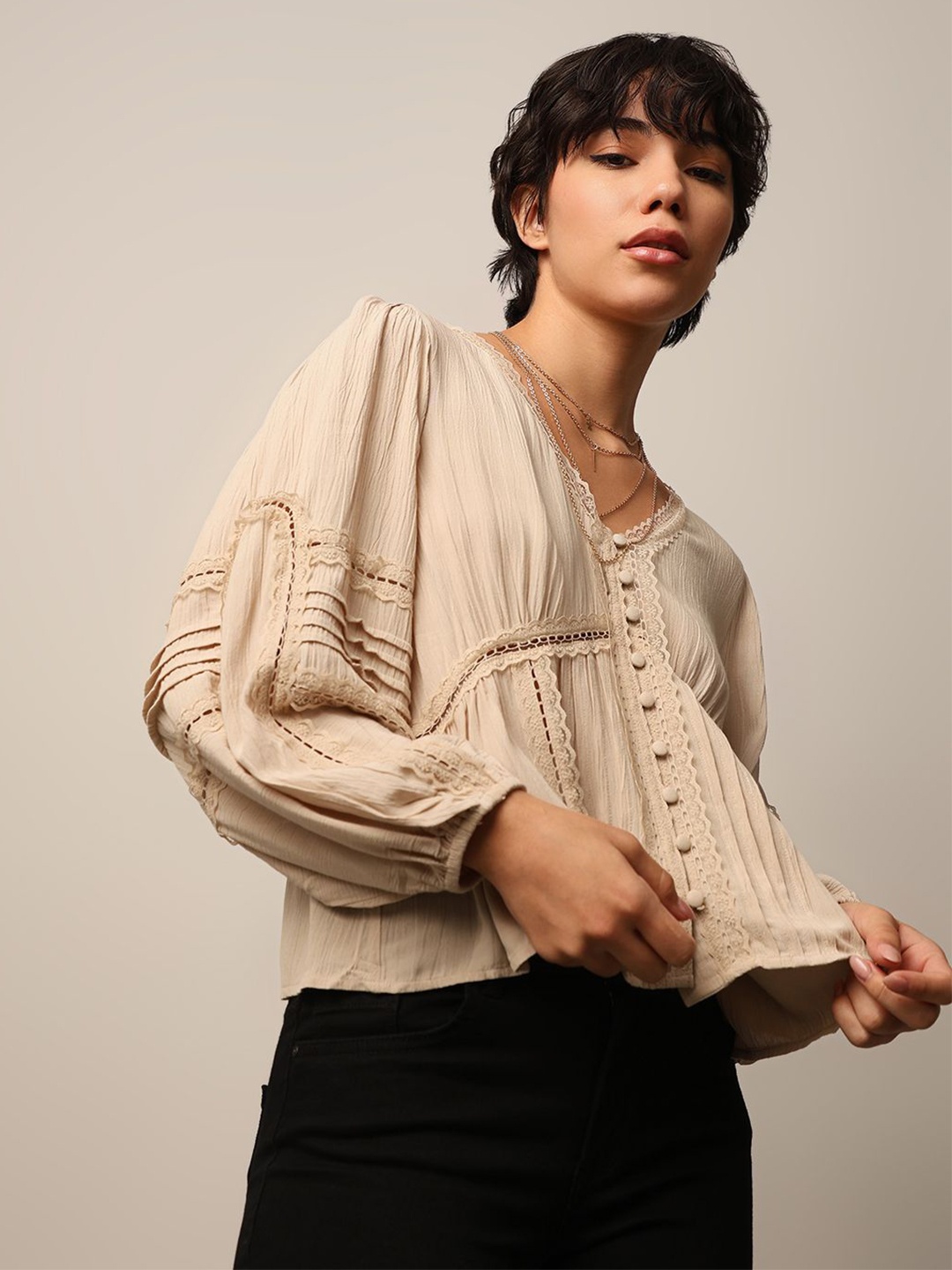 

ONLY Women Self Design V-neck Puff Sleeve Bohemian Empire Top, Beige