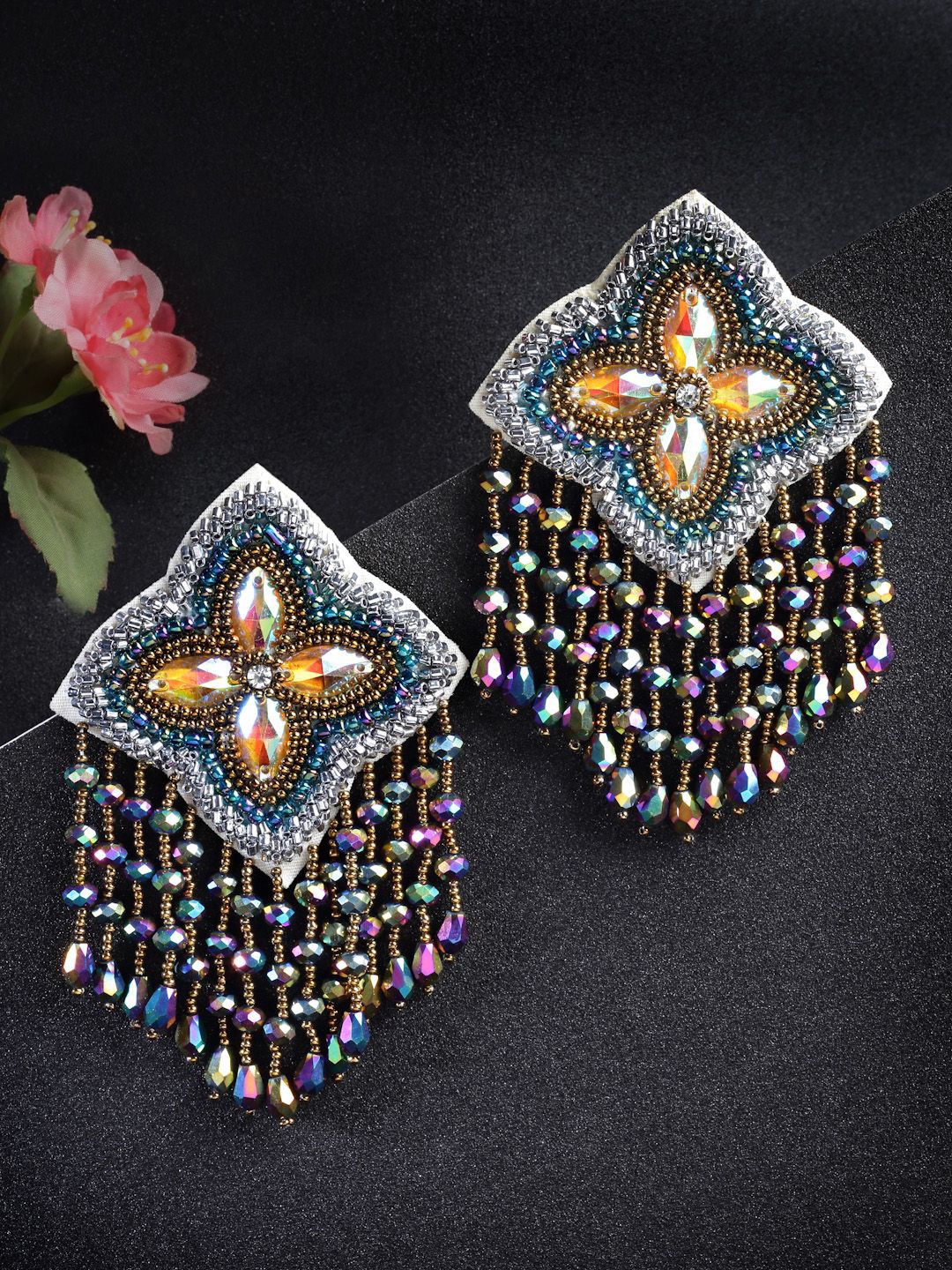 

DressBerry Gold-Plated Contemporary Stone Studded & Beaded Drop Earrings