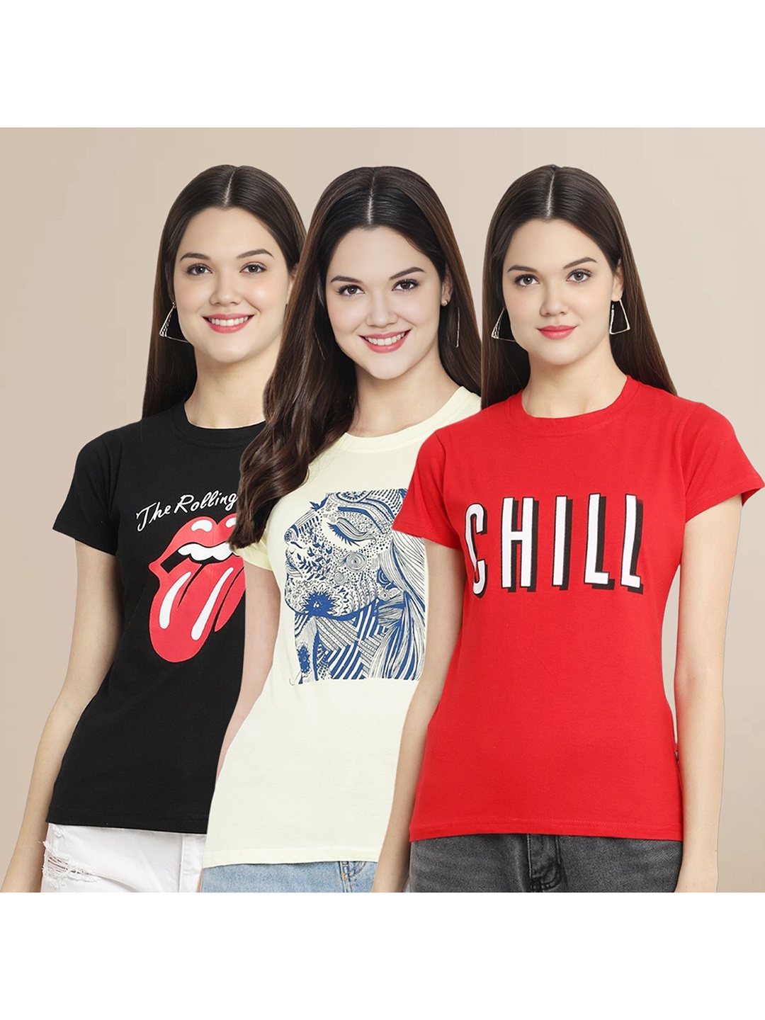 

Metronaut Women Pack Of 3 Typography Printed Round Neck Cotton T-shirts, Black
