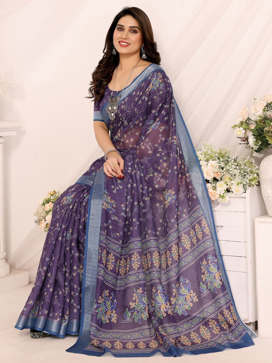 

vj fashion Floral Printed Zari Linen Blend Saree, Purple