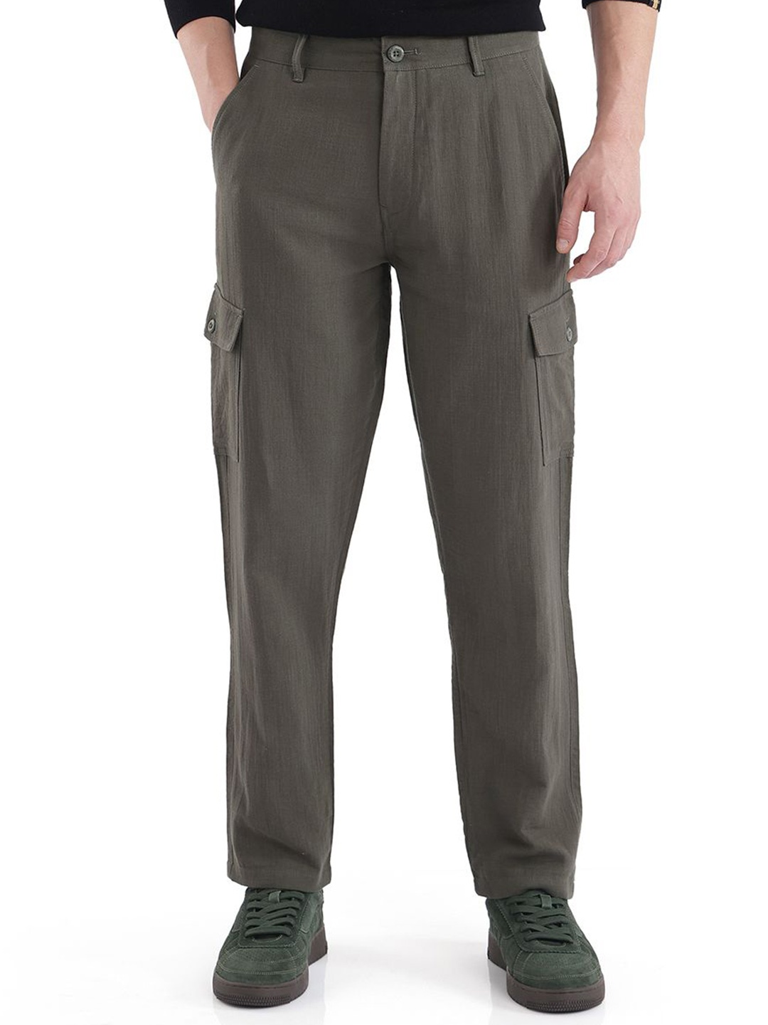

RARE RABBIT Men Cotton Mid-Rise Loose Fit Cargo Trousers, Green