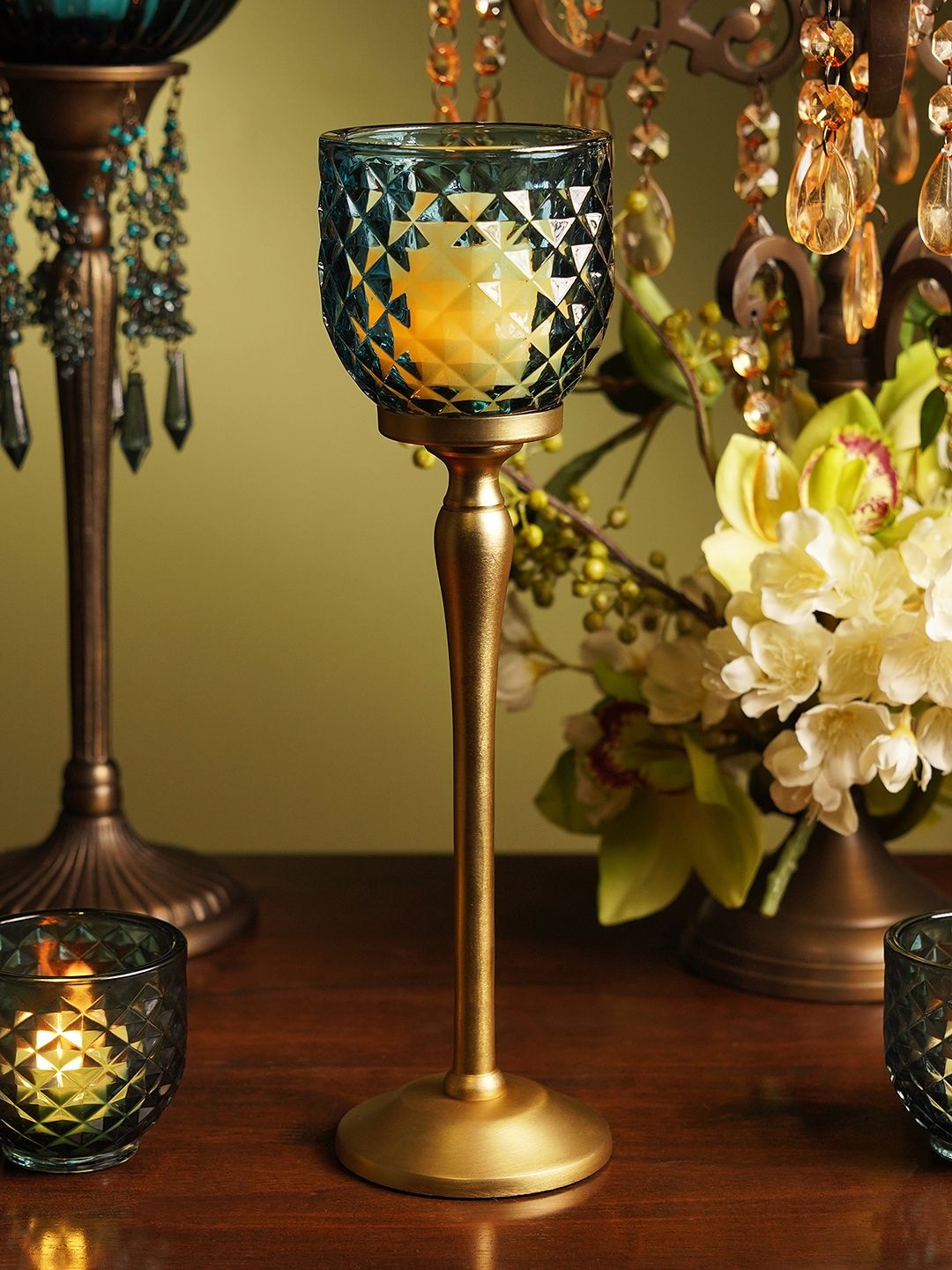 

Pure Home and Living Blue Diamond Cut Hurricane Candle Holder