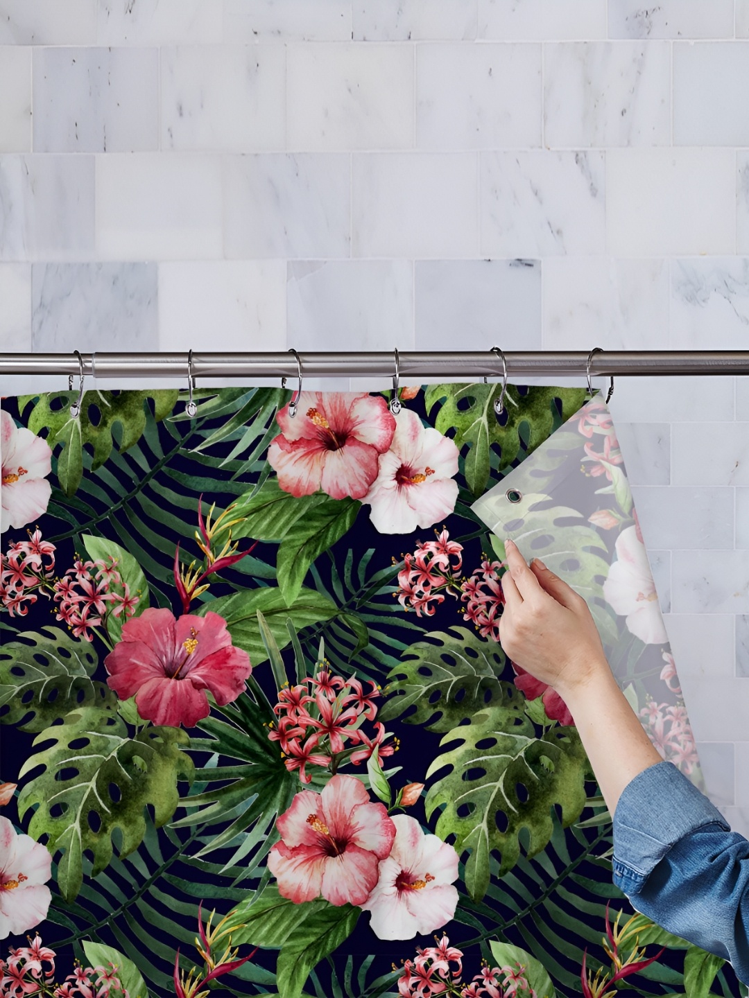 

ArtzFolio Green-Peach & White Printed Waterproof Shower Curtain