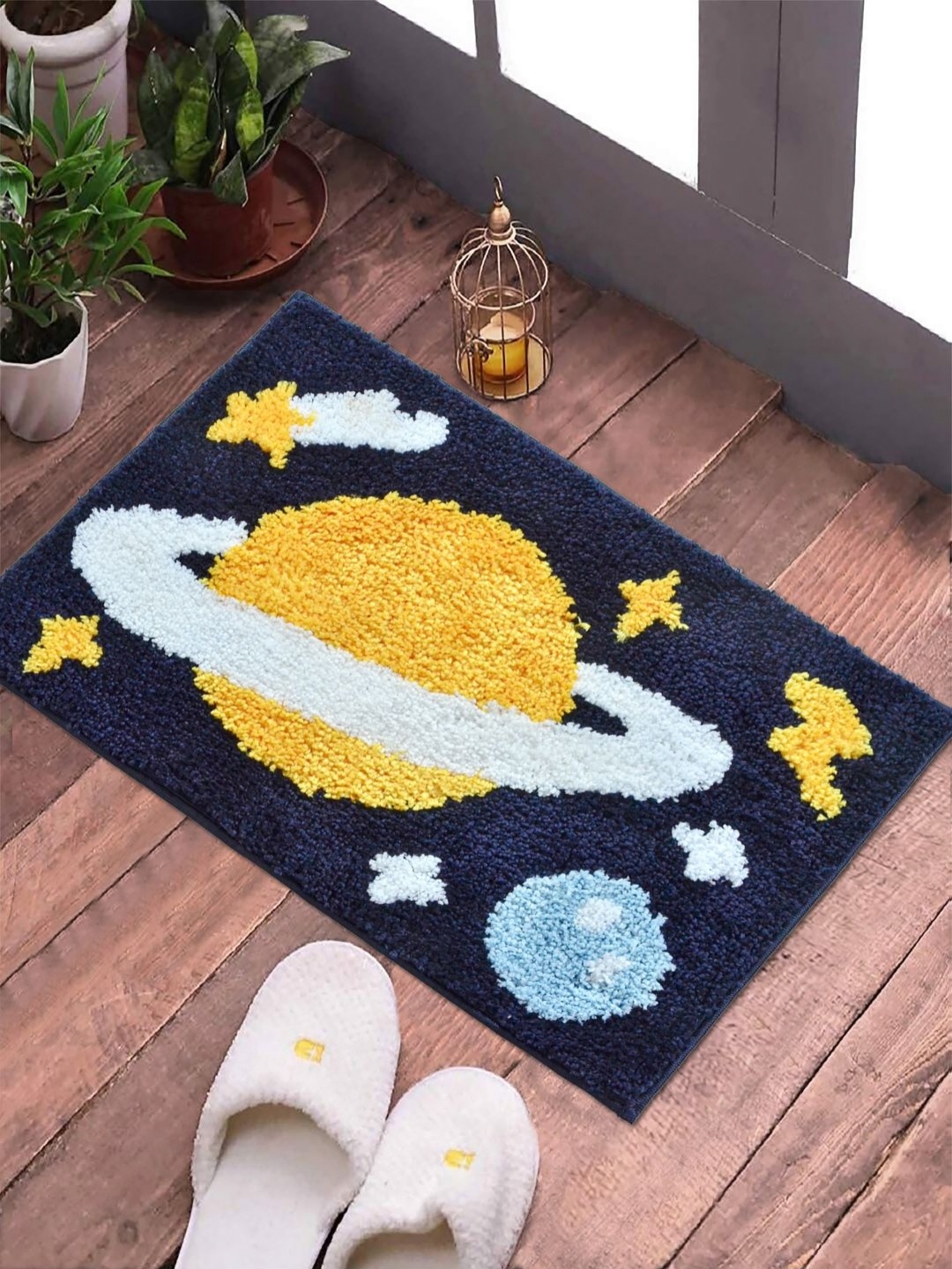 

FABINALIV Navy Blue & Yellow Patterned Anti-Skid Doormat