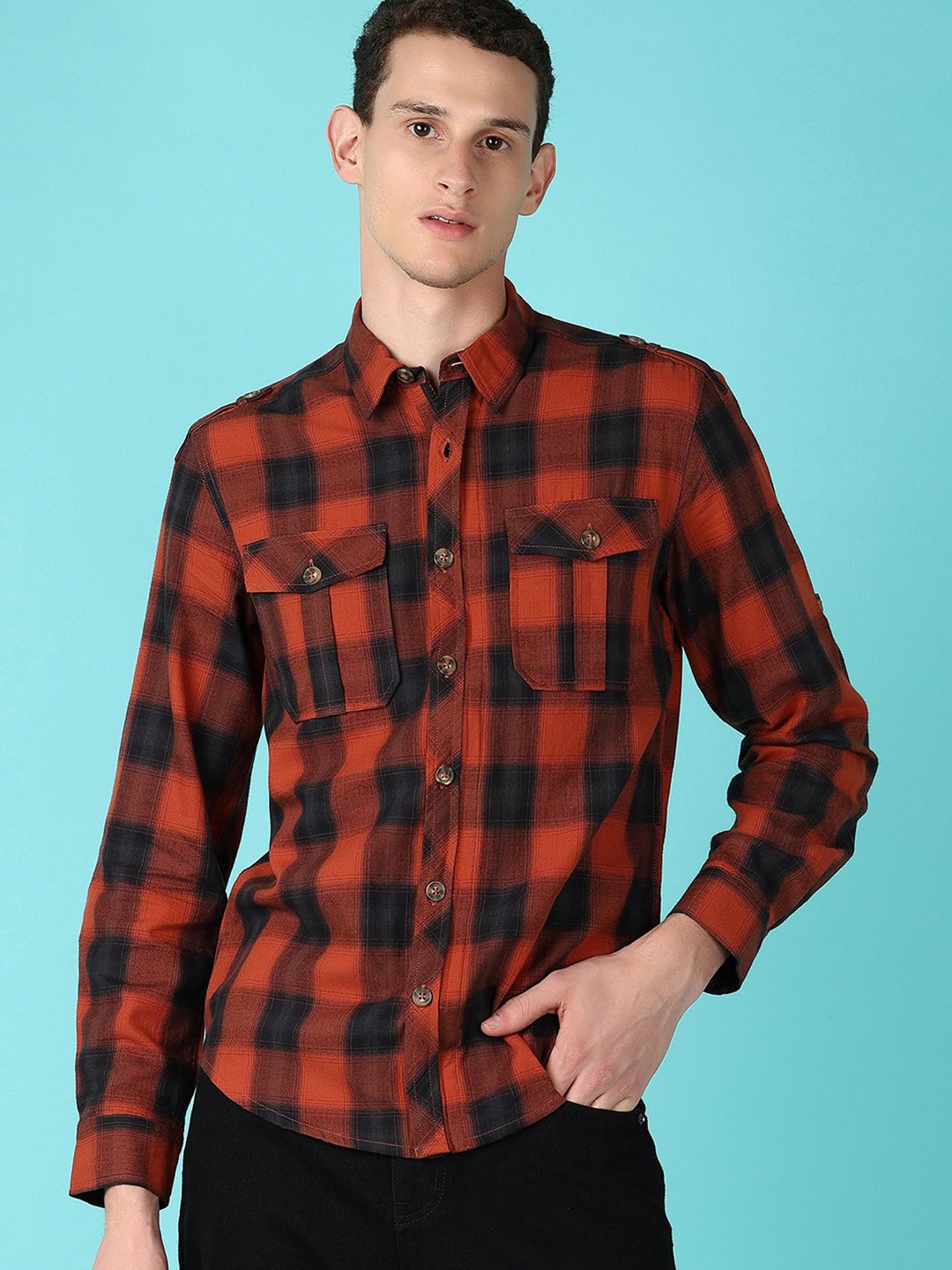 

V-Mart Men Spread Collar Buffalo Checked Cotton Casual Shirt, Rust