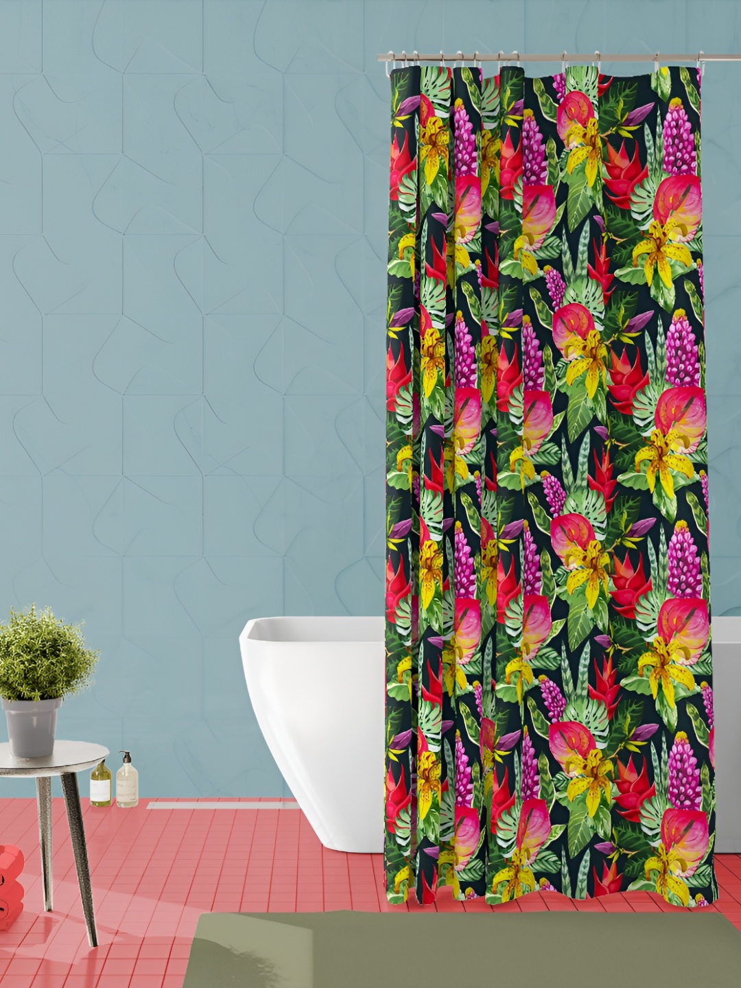 

ArtzFolio Black & Pink Floral Printed Waterproof Shower Curtain