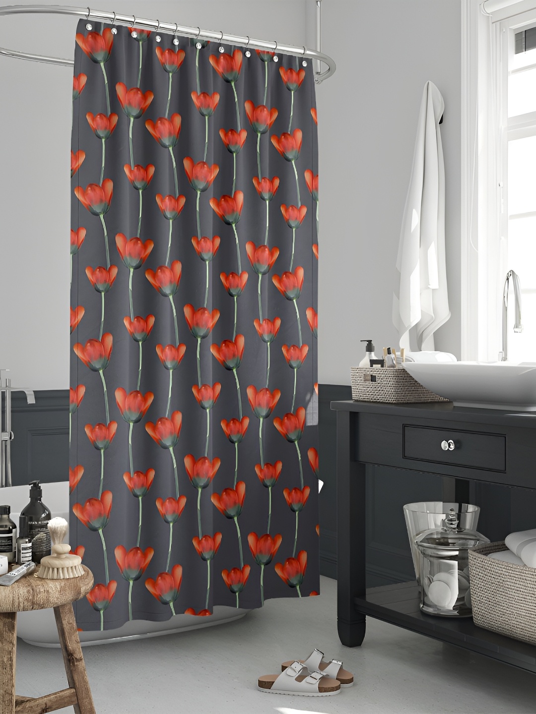

ArtzFolio Grey & Red Floral Printed Waterproof Shower Curtain