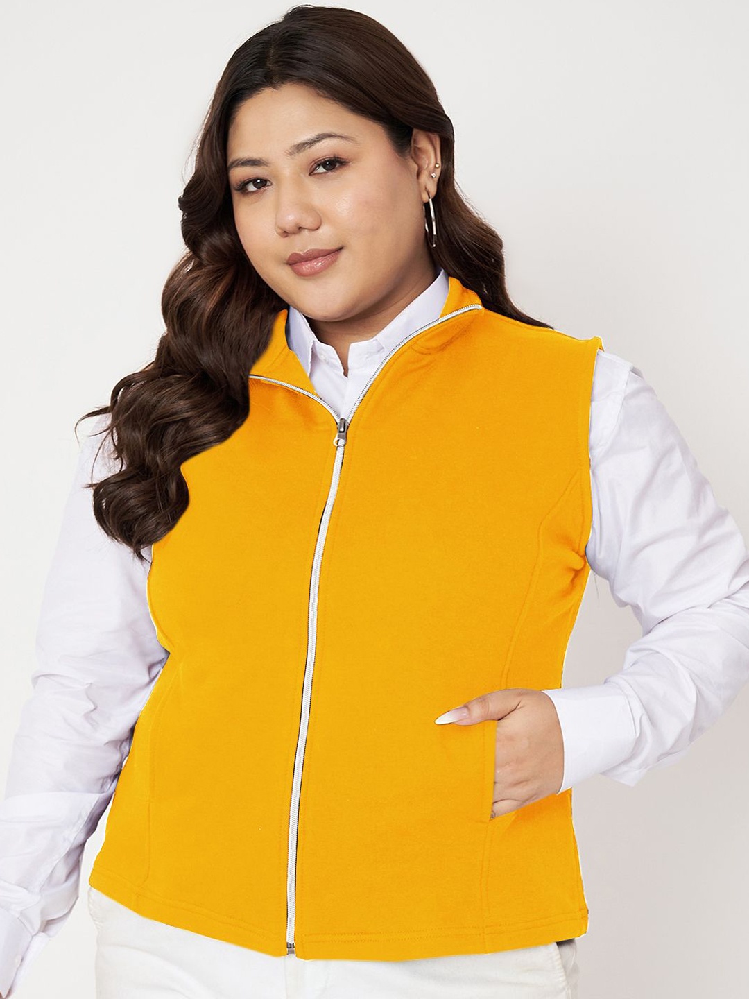 

BRINNS Plus Size Mock Neck Fleece Open Front Jacket, Mustard