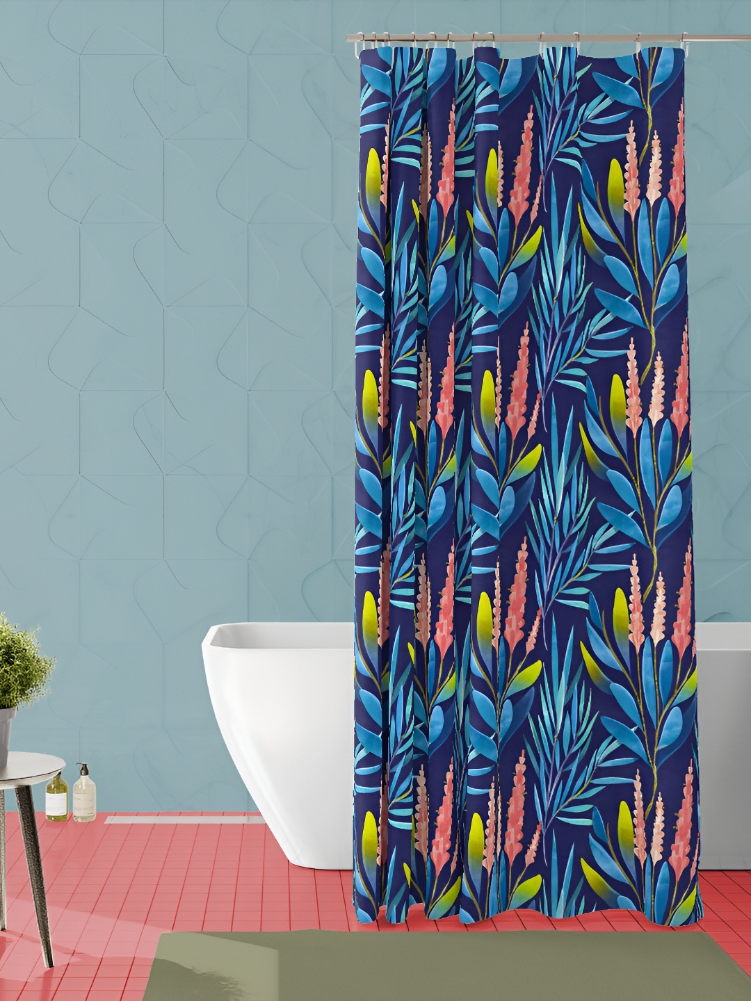 

ArtzFolio Blue and Peach-Coloured Floral Printed Waterproof Shower Curtain
