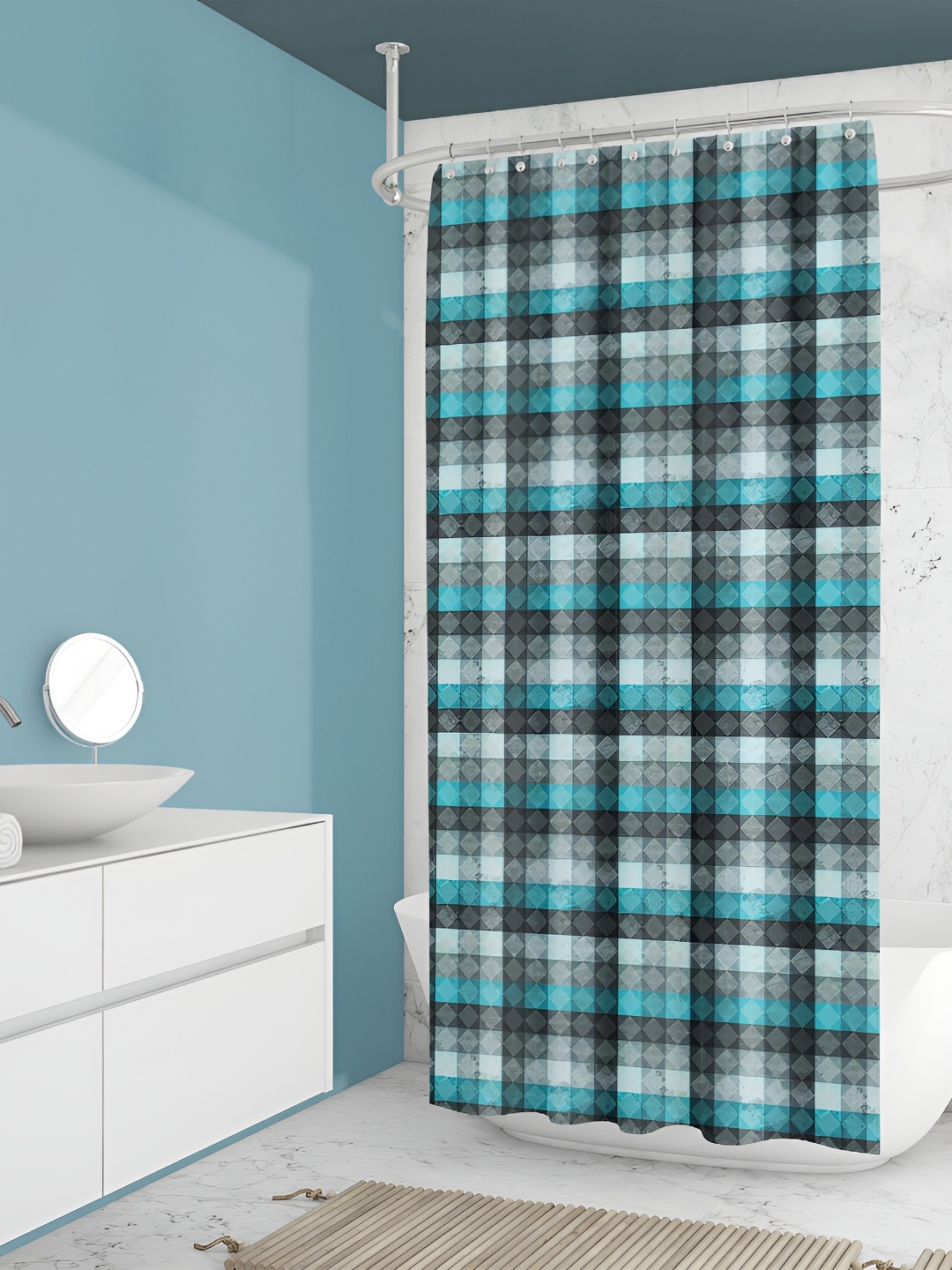 

ArtzFolio White & Grey Checked Waterproof Shower Curtain