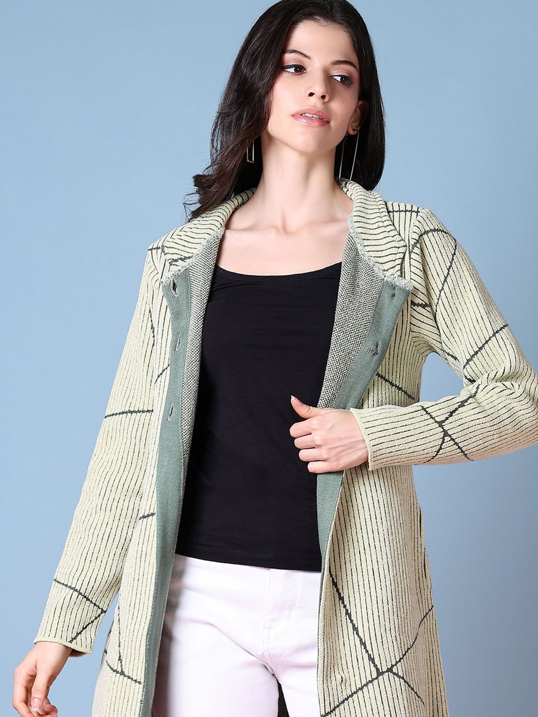 

V-Mart Women Striped Cardigan, Green